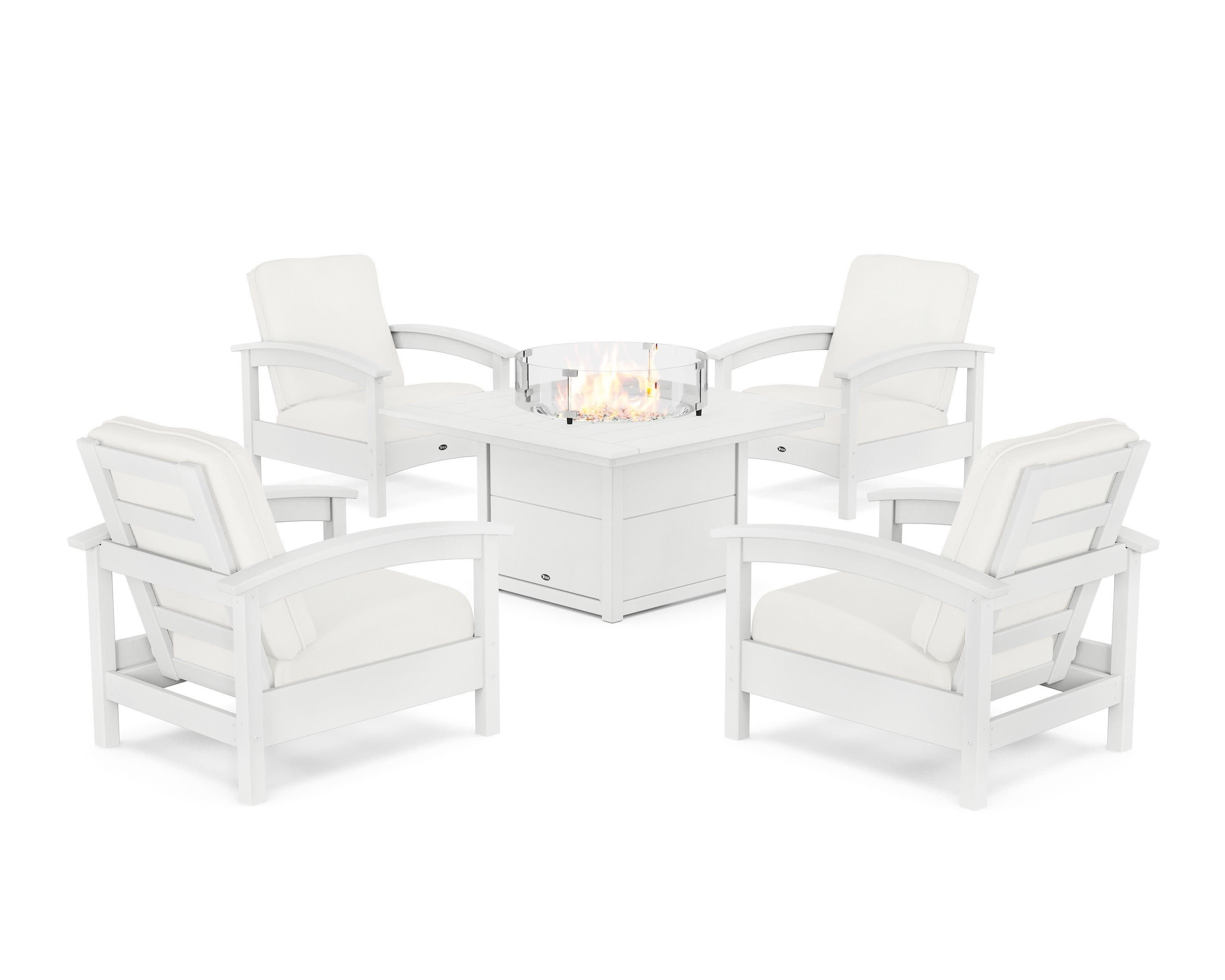 Rockport 5-Piece Deep Seating Set with Square Fire Pit Table in Classic White / Natural Linen
