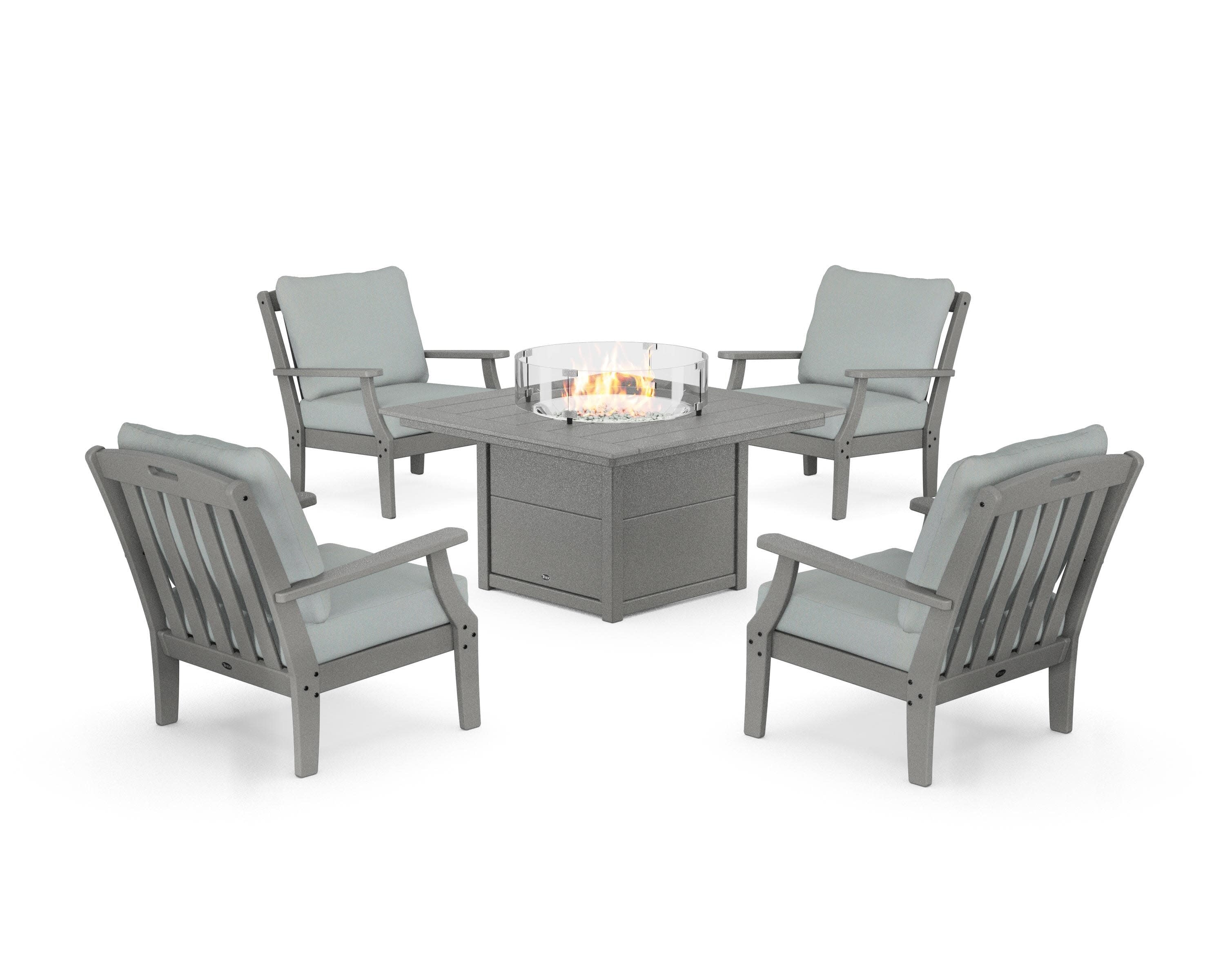 Yacht Club 5-Piece Deep Seating Set with Square Fire Pit Table in Stepping Stone / Spa