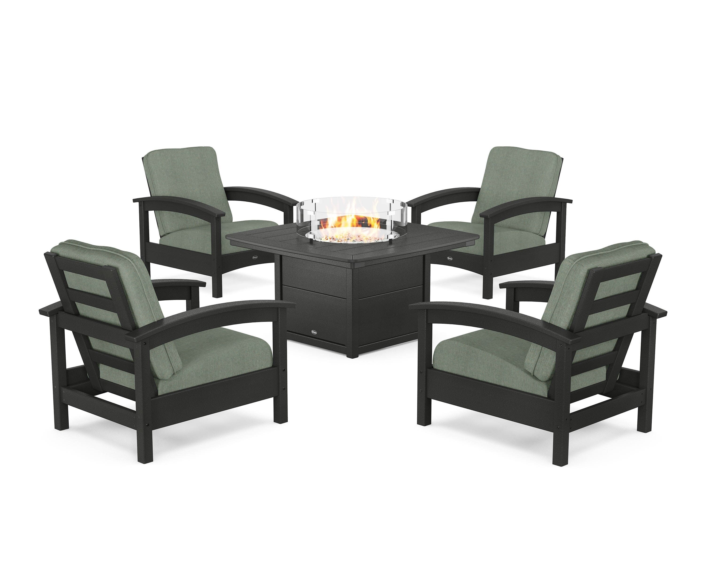 Rockport 5-Piece Deep Seating Set with Yacht Club Fire Pit Table in Charcoal Black / Cast Sage