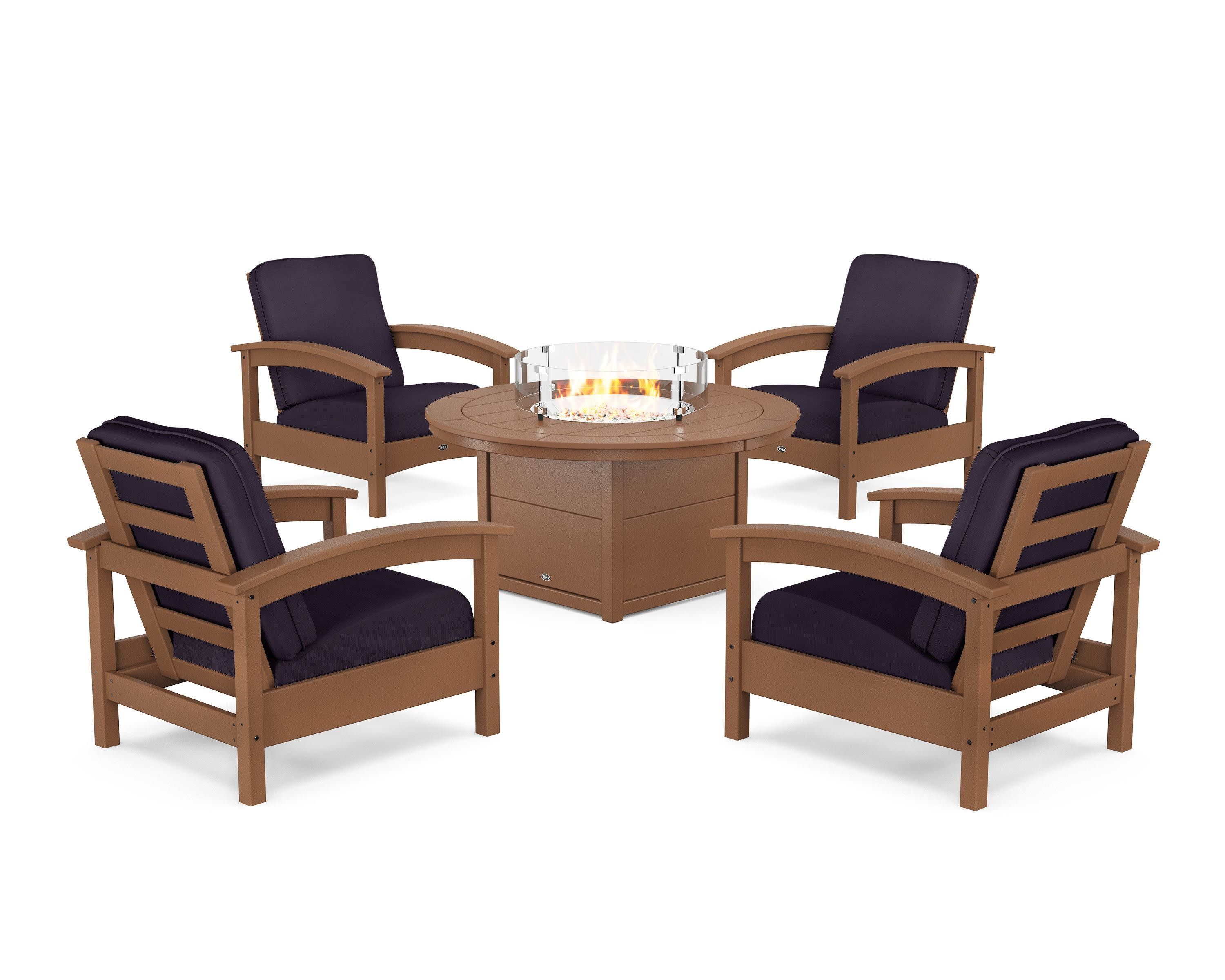 Rockport 5-Piece Deep Seating Set with Round Fire Pit Table in Tree House / Navy Linen