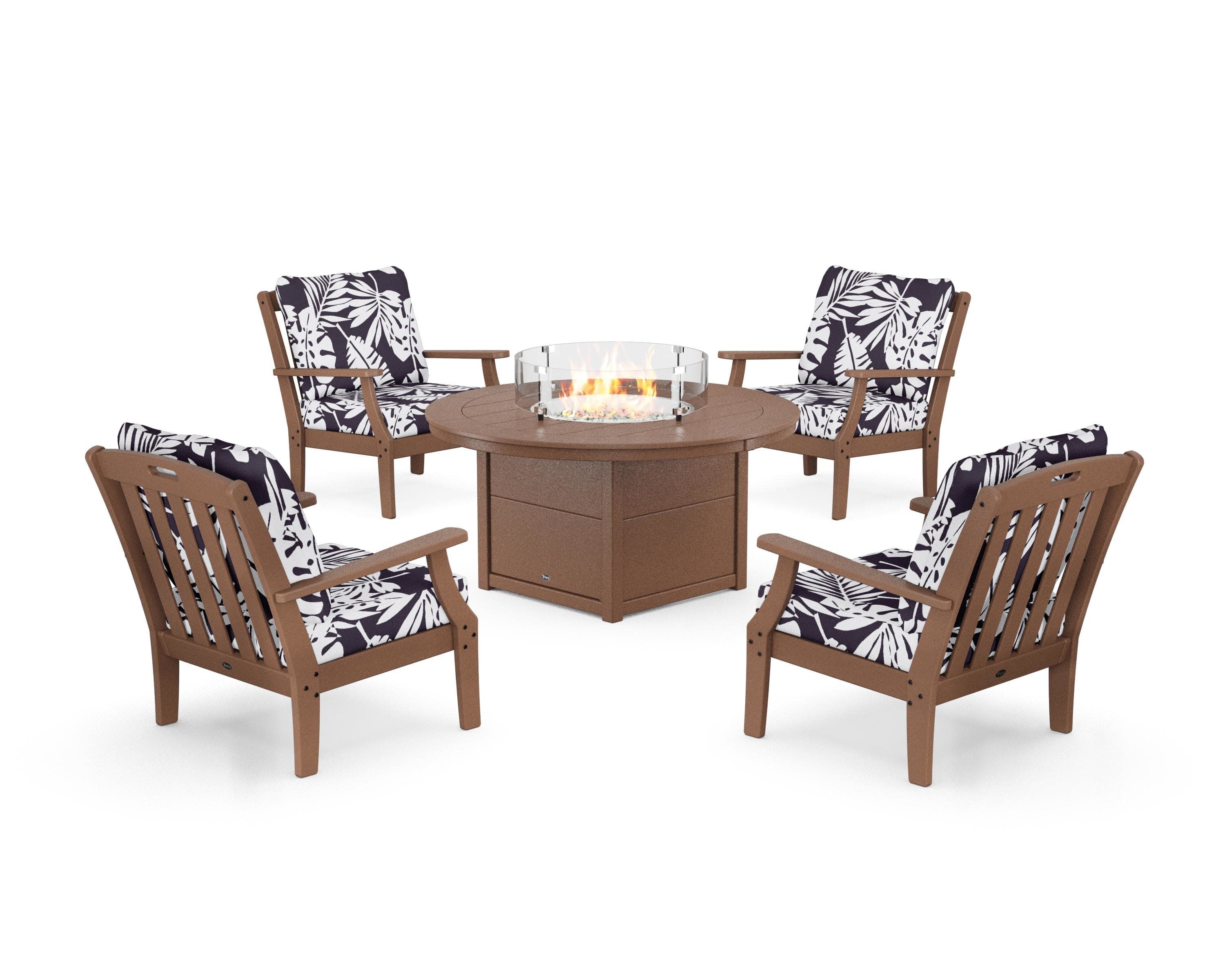 Yacht Club 5-Piece Deep Seating Set with Round Fire Pit Table in Tree House / Leaf Navy