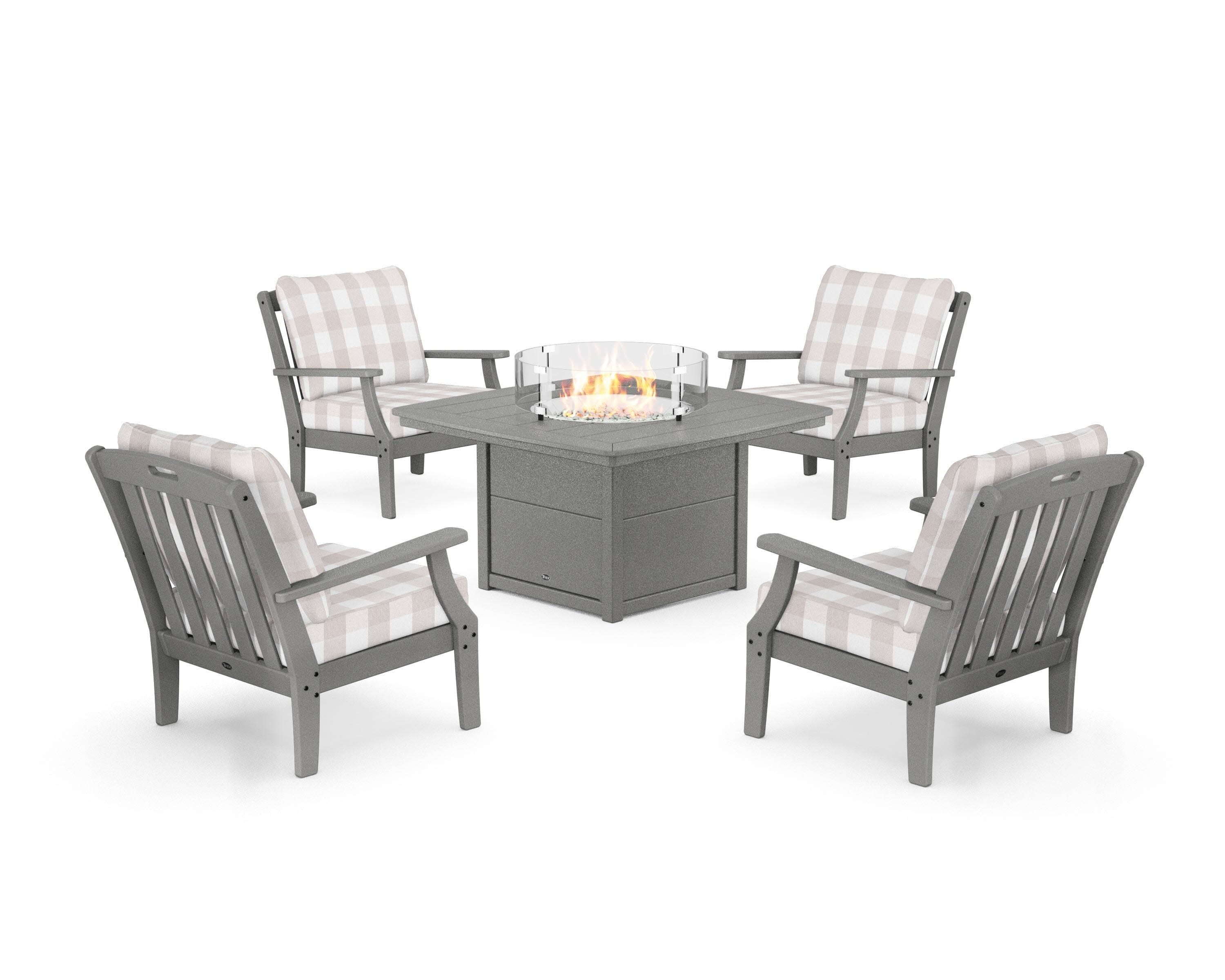 Yacht Club 5-Piece Deep Seating Set with Fire Pit Table in Stepping Stone / Buffalo Plaid Dune Burlap