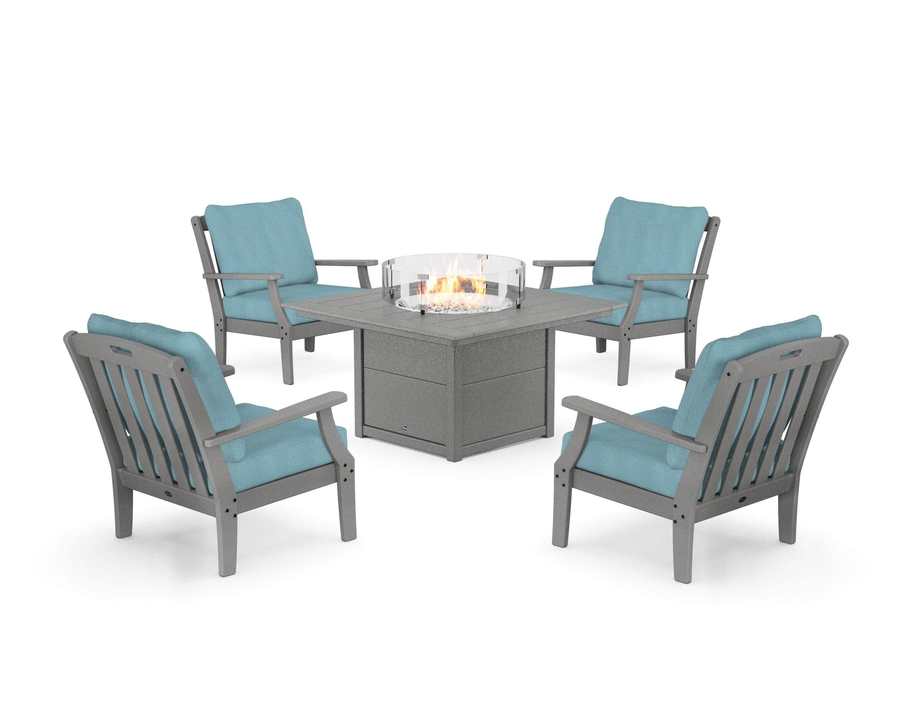 Yacht Club 5-Piece Deep Seating Set with Square Fire Pit Table in Stepping Stone / Lattice Sky Blue
