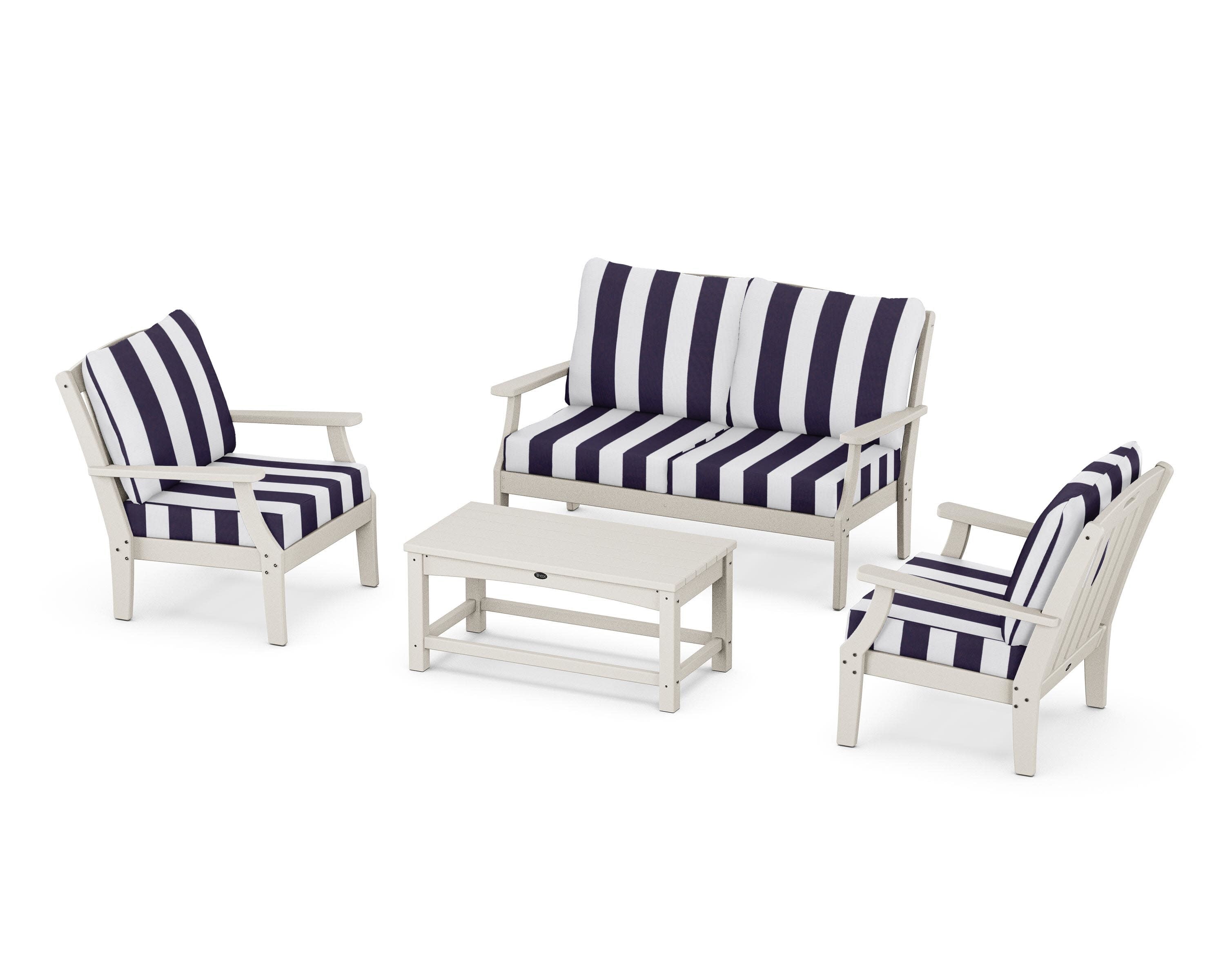 Yacht Club 4-Piece Deep Seating Chair Set in Sand Castle / Cabana Stripe Navy