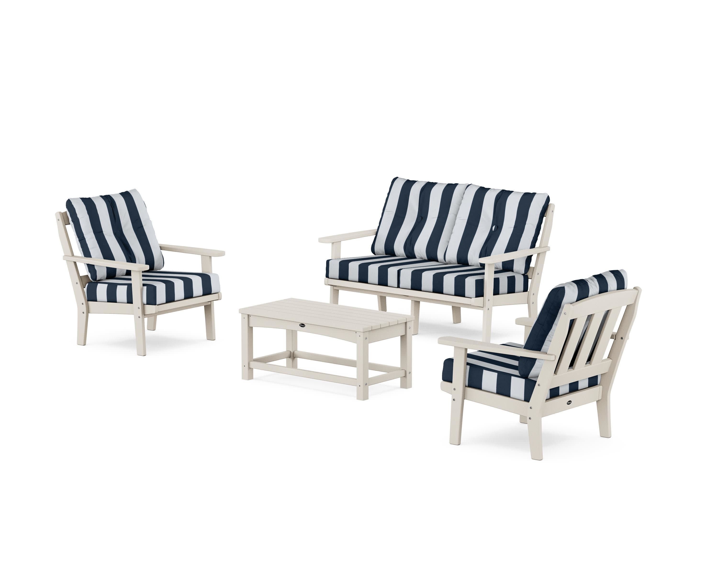 Cape Cod 4-Piece Deep Seating Set with Loveseat in Sand Castle / Cabana Stripe Marine Indigo