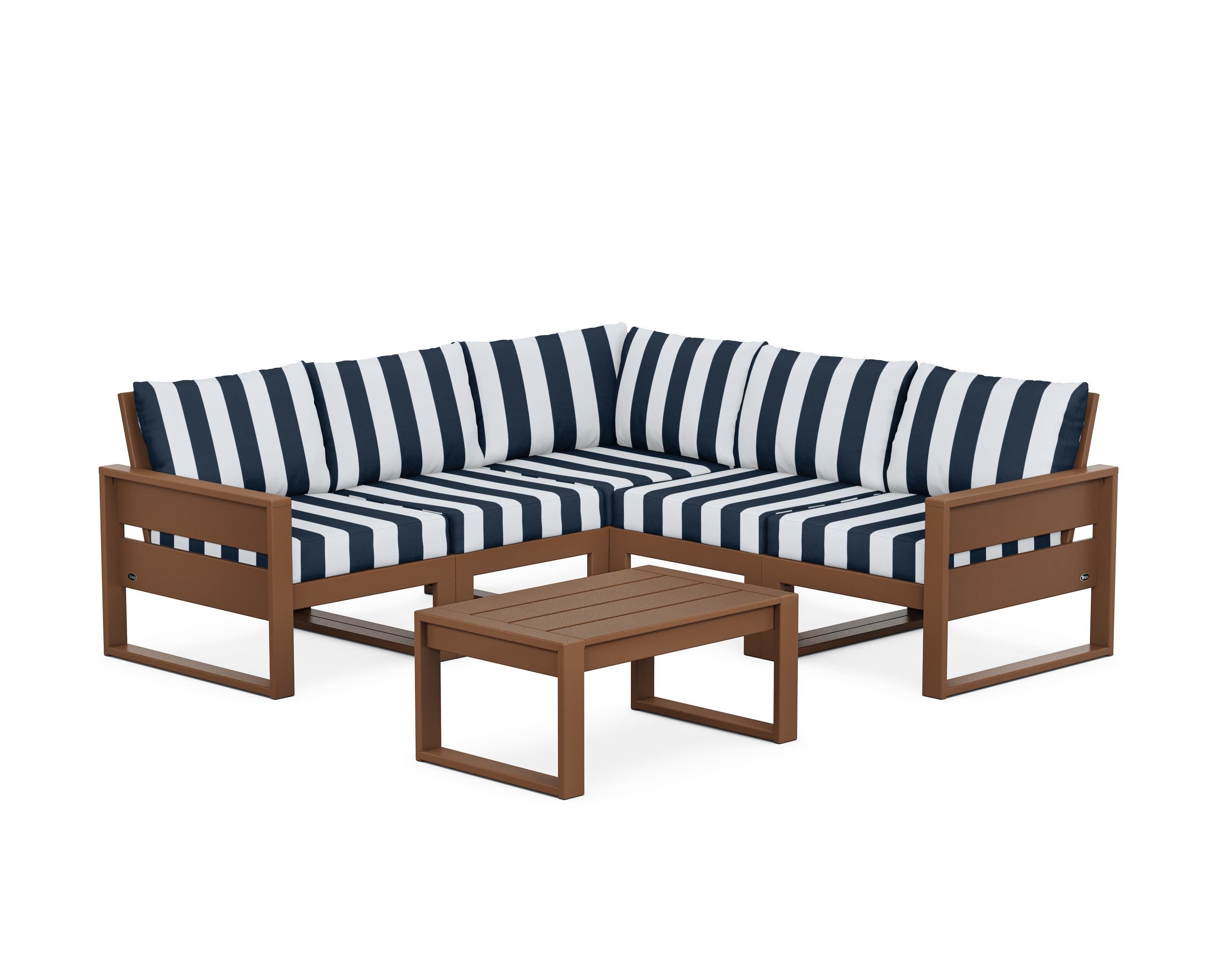 Eastport 6-Piece Deep Seating Sectional + Coffee Table Set in Tree House / Cabana Stripe Marine Indigo