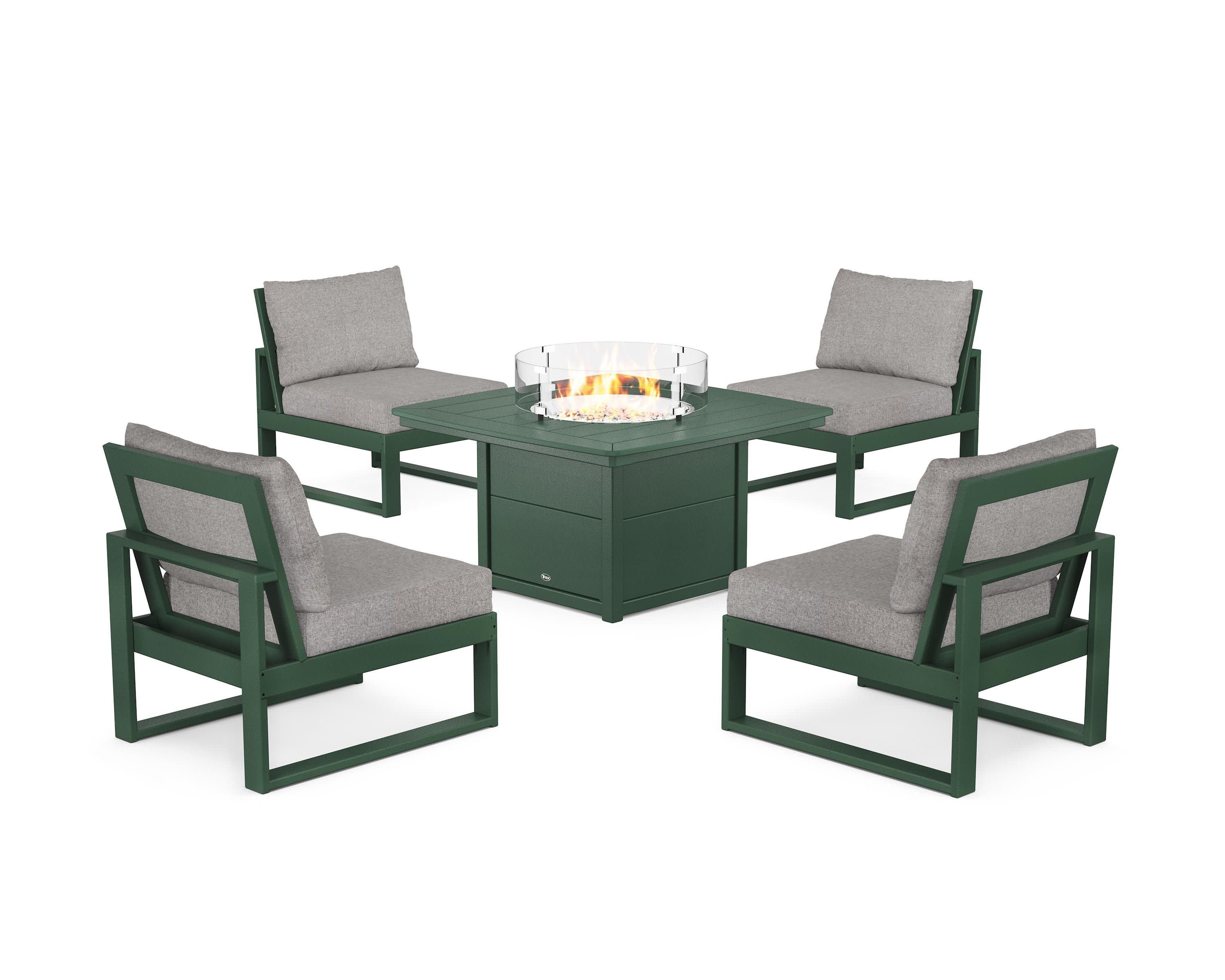 Eastport Modular 5-Piece Deep Seating Set with Yacht Club Fire Pit Table in Rainforest Canopy / Grey Mist