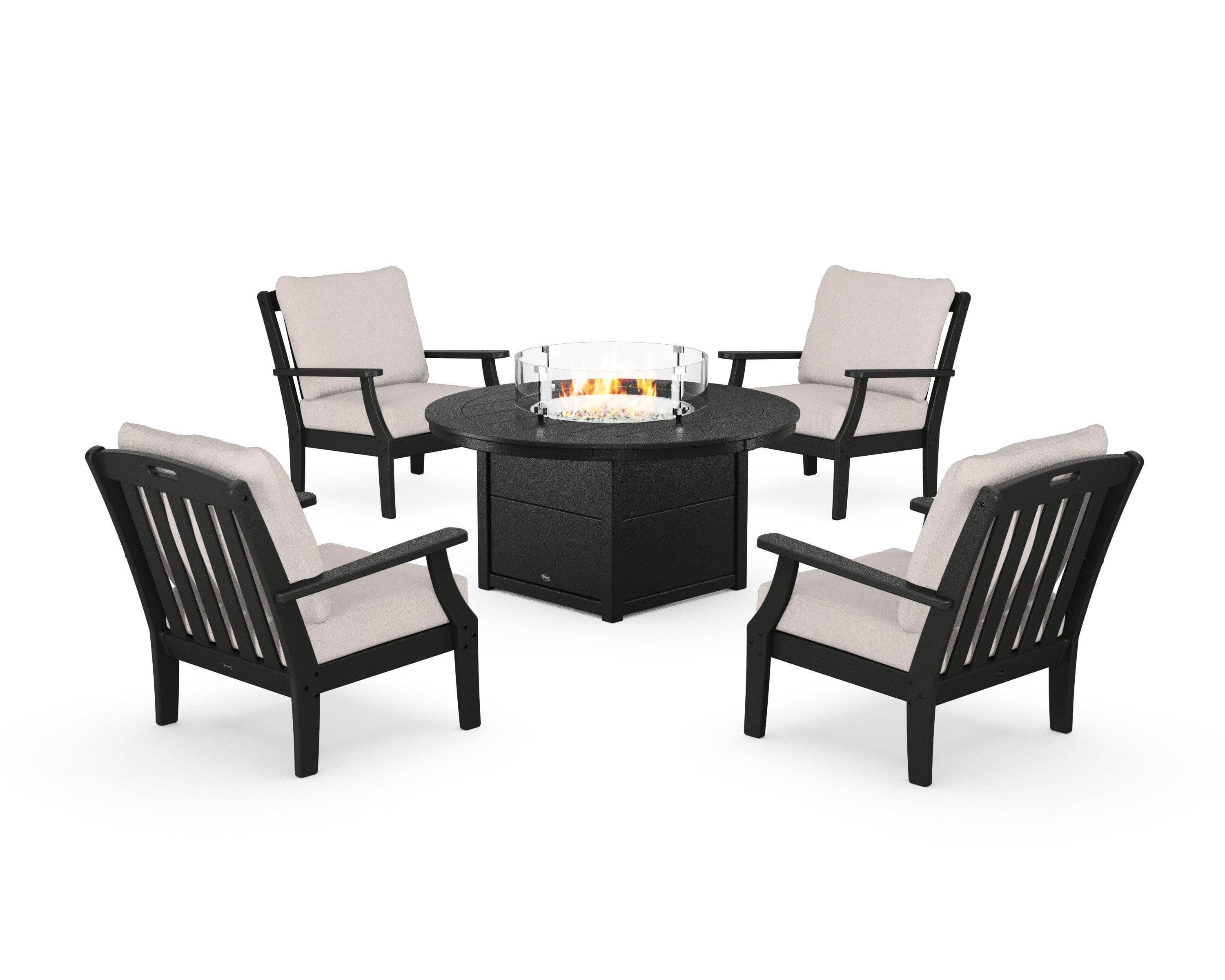 Yacht Club 5-Piece Deep Seating Set with Round Fire Pit Table in Charcoal Black / Dune Burlap