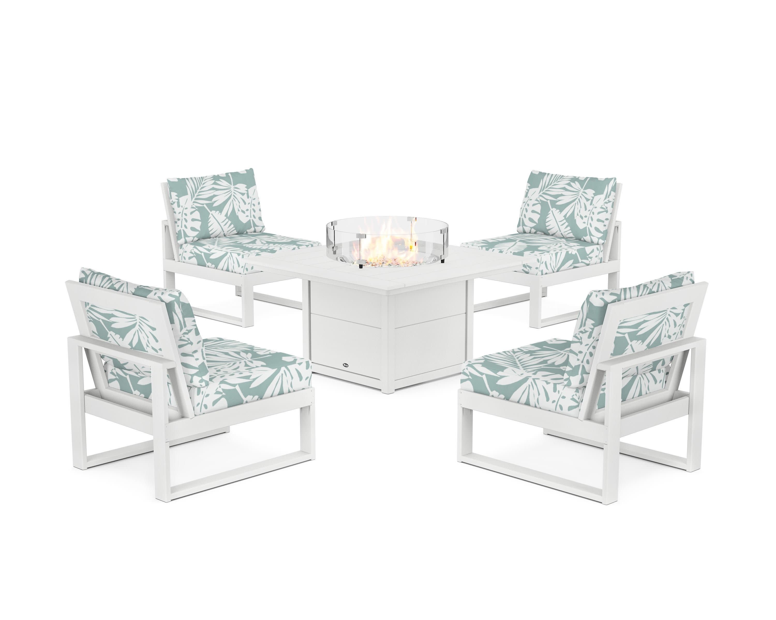 Eastport Modular 5-Piece Deep Seating Set with Square Fire Pit Table in Classic White / Leaf Glacier Spa
