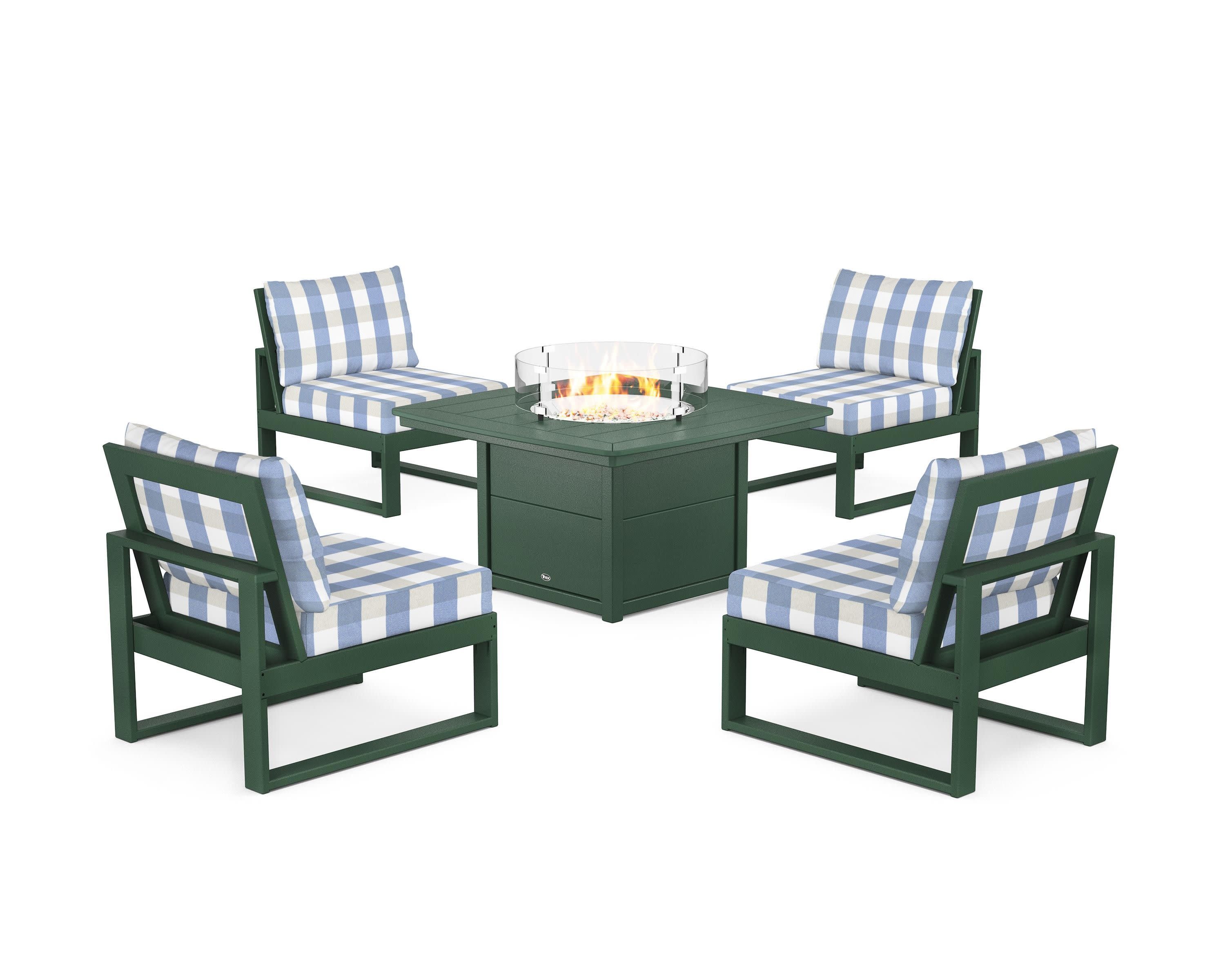 Eastport Modular 5-Piece Deep Seating Set with Yacht Club Fire Pit Table in Rainforest Canopy / Buffalo Plaid Sky Blue