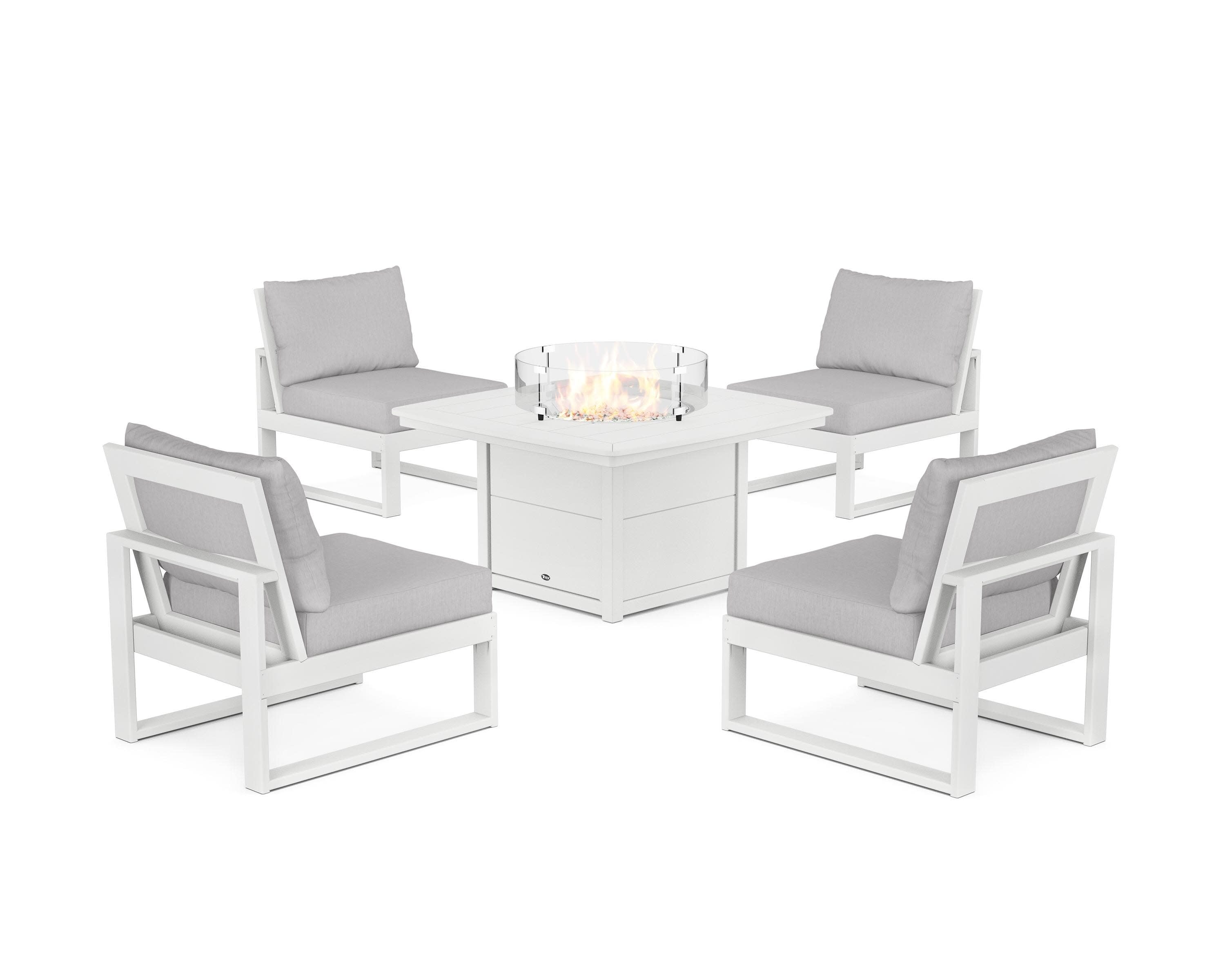 Eastport Modular 5-Piece Deep Seating Set with Yacht Club Fire Pit Table in Classic White / Granite