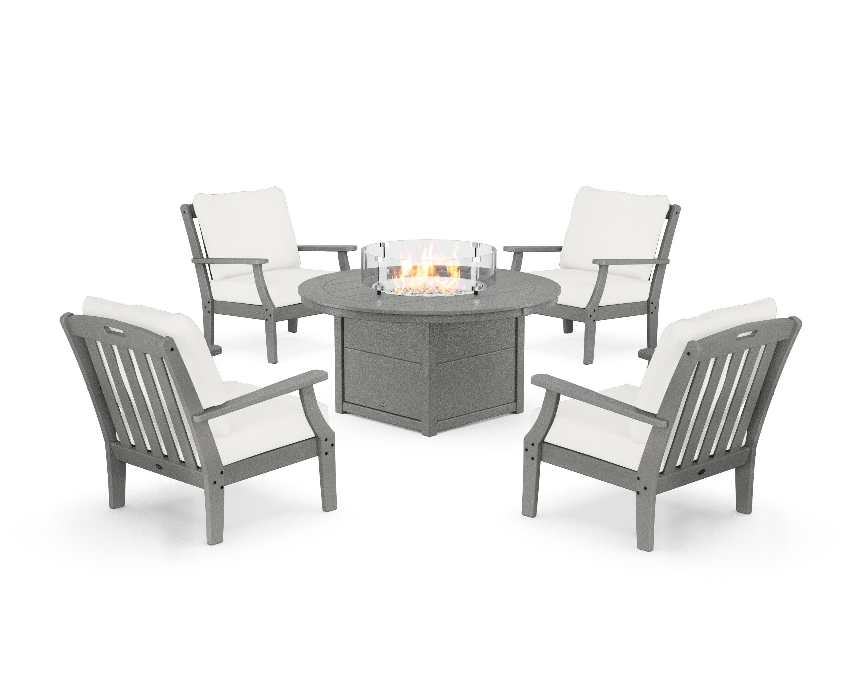 Yacht Club 5-Piece Deep Seating Set with Round Fire Pit Table in Stepping Stone / Natural Linen