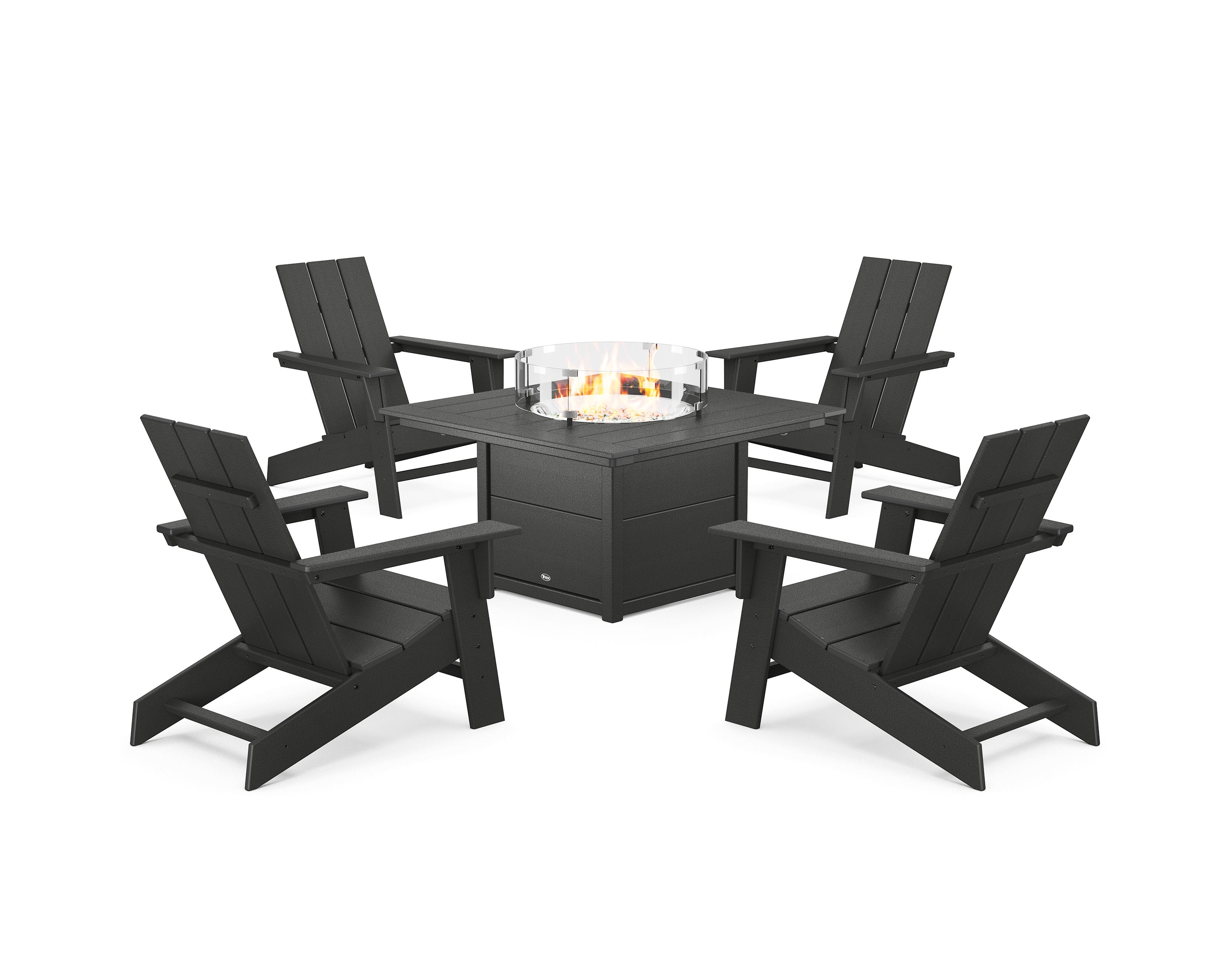 Eastport Modern Adirondack 5-Piece Set with Square Fire Pit Table in Charcoal Black