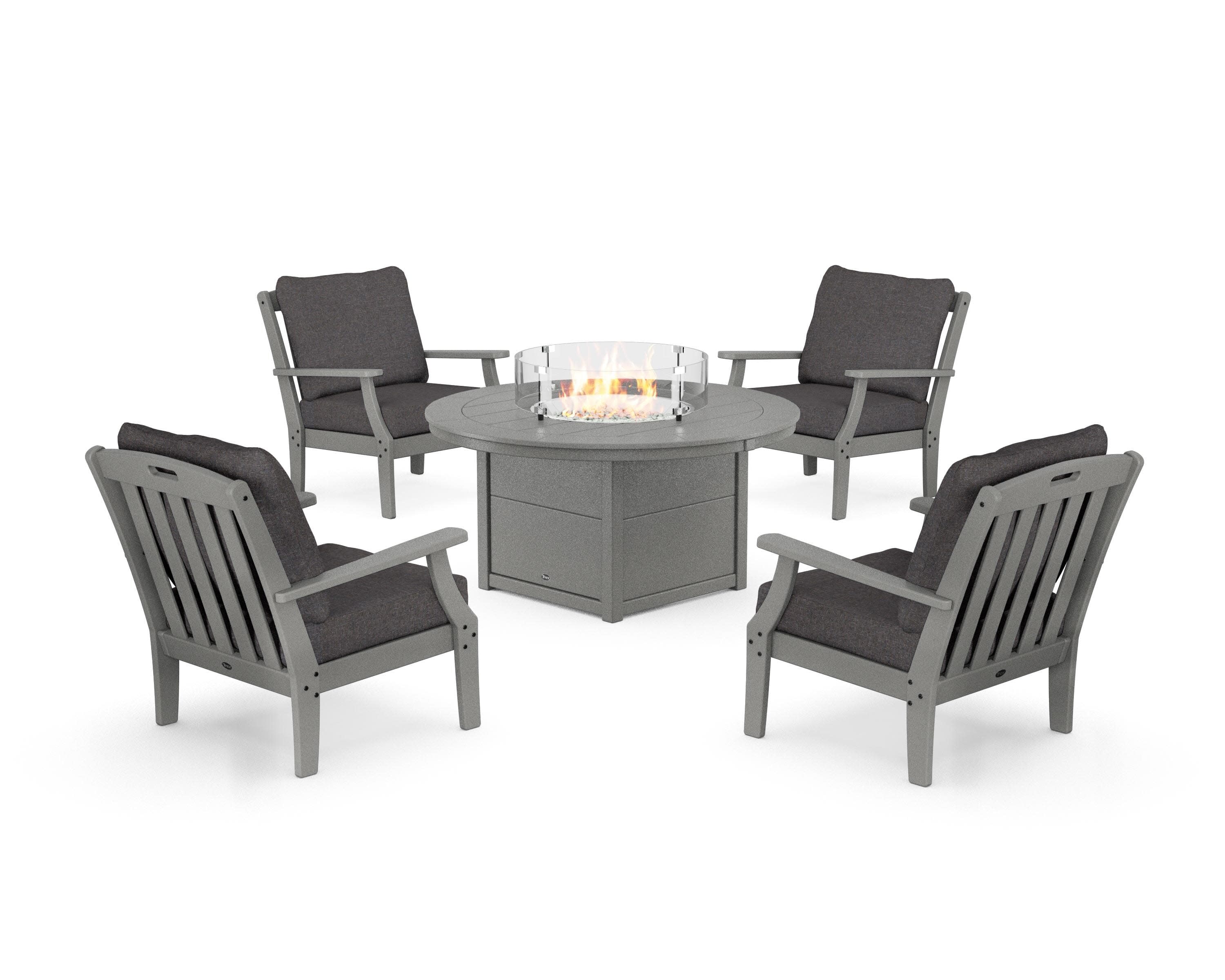 Yacht Club 5-Piece Deep Seating Set with Round Fire Pit Table in Stepping Stone / Ash Charcoal