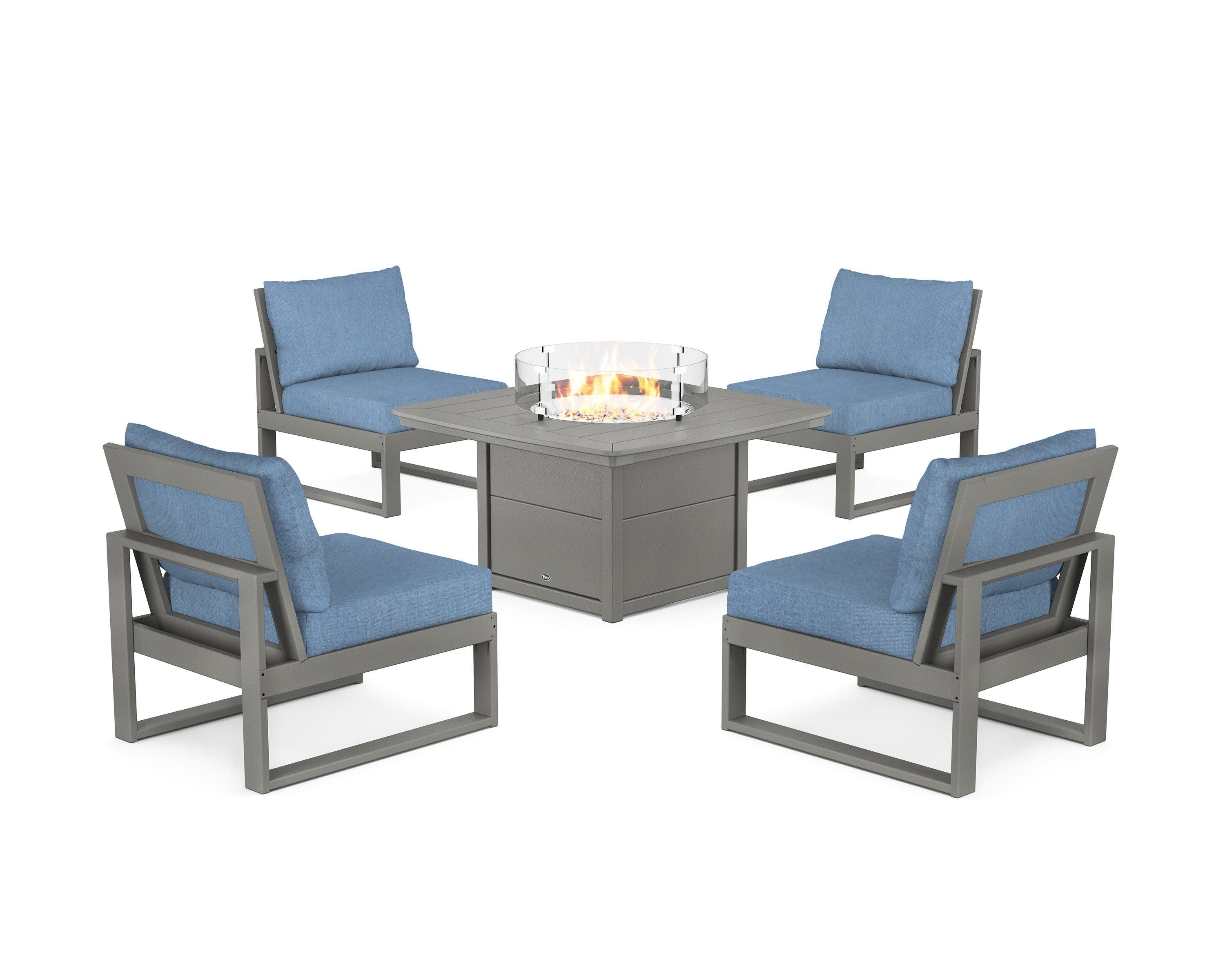 Eastport Modular 5-Piece Deep Seating Set with Yacht Club Fire Pit Table in Stepping Stone / Sky Blue