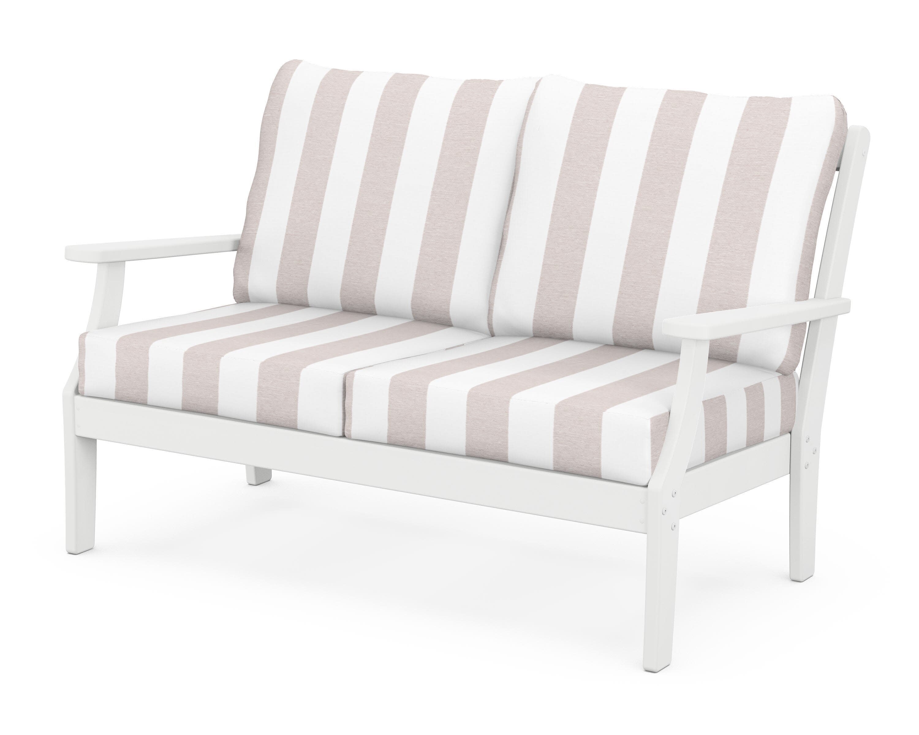 Yacht Club Deep Seating Loveseat in Classic White / Cabana Stripe Dune Burlap