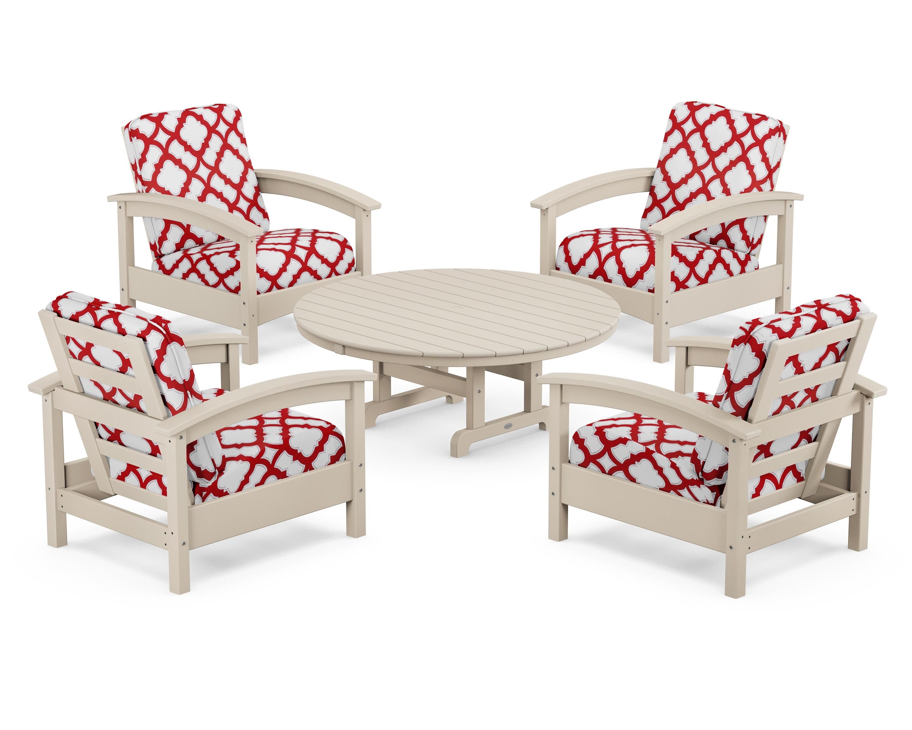 Rockport 5-Piece Deep Seating Set in Sand Castle / Trellis Crimson