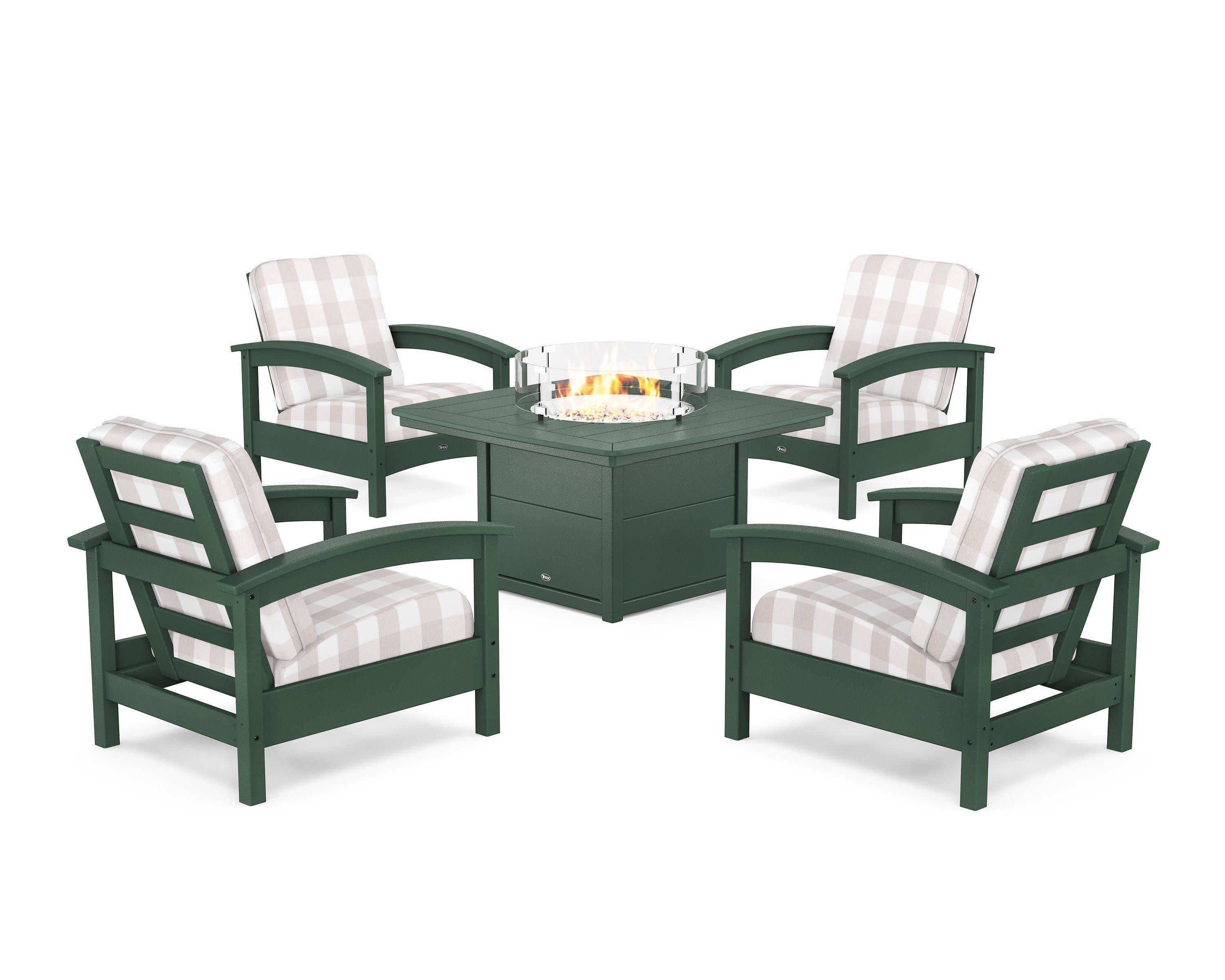 Rockport 5-Piece Deep Seating Set with Yacht Club Fire Pit Table in Rainforest Canopy / Buffalo Plaid Dune Burlap