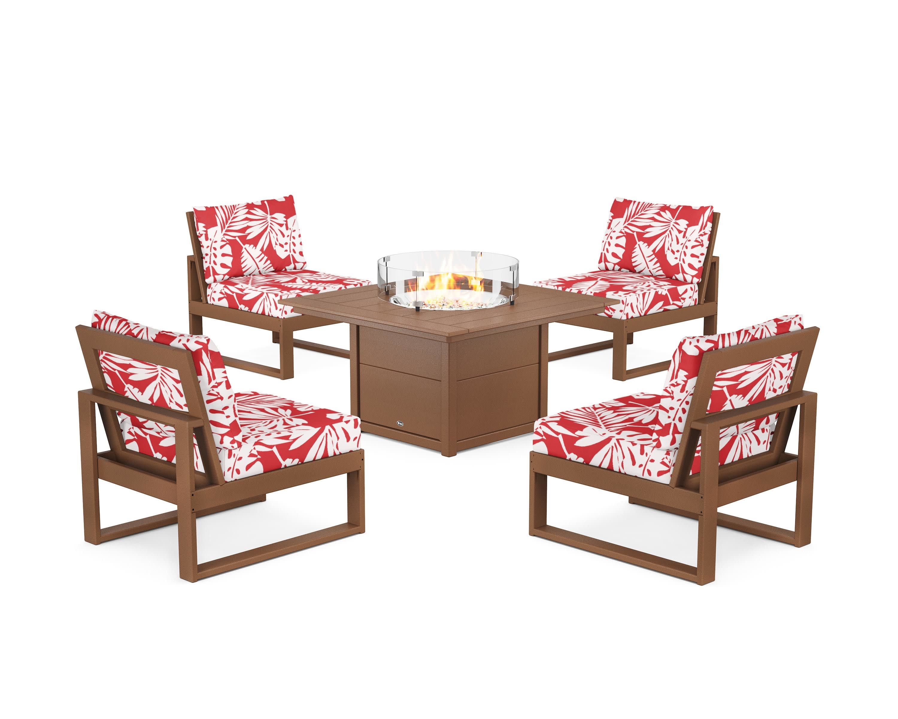 Eastport Modular 5-Piece Deep Seating Set with Square Fire Pit Table in Tree House / Leaf Crimson