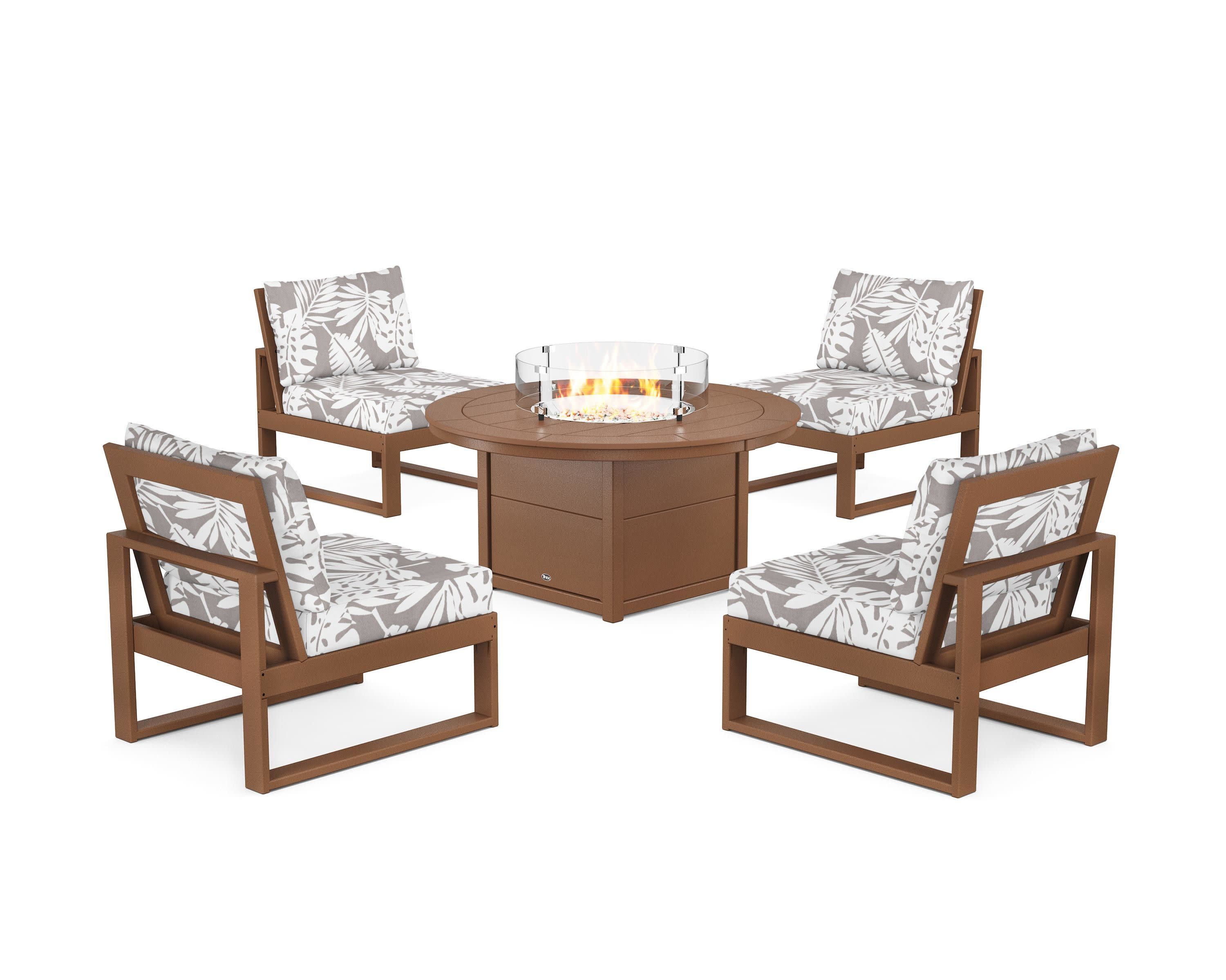 Eastport Modular 5-Piece Deep Seating Set with Round Fire Pit Table in Tree House / Leaf Grey Mist