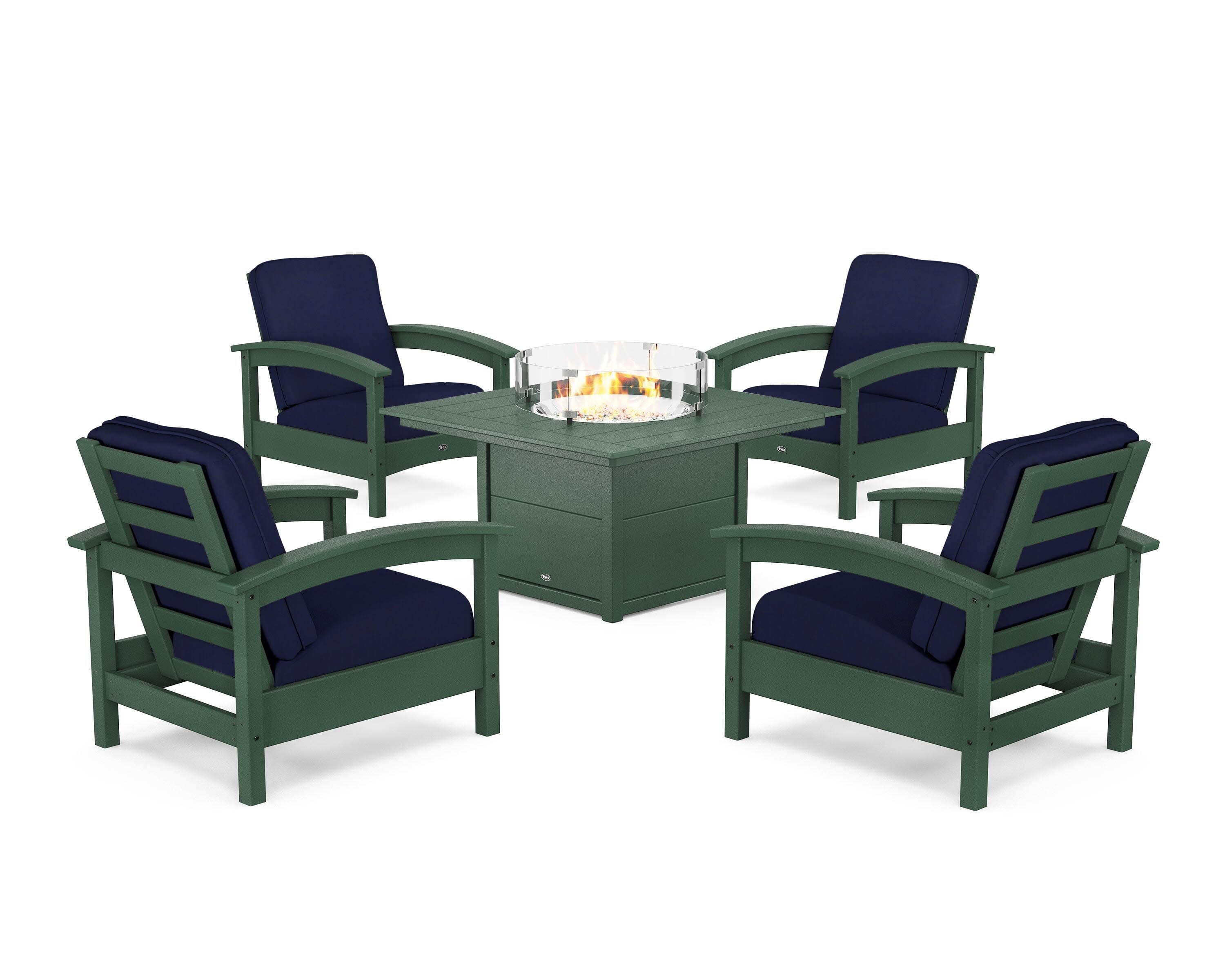Rockport 5-Piece Deep Seating Set with Square Fire Pit Table in Rainforest Canopy / Navy