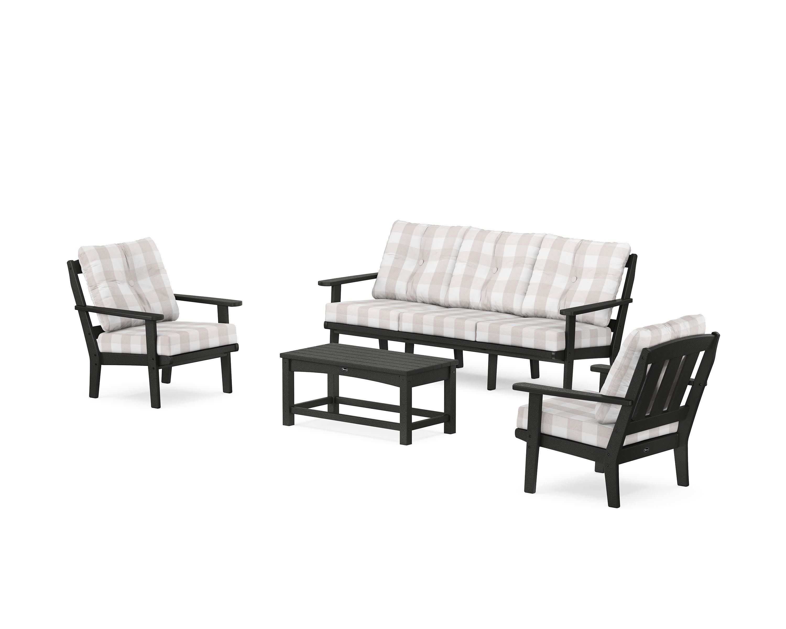 Cape Cod 4-Piece Deep Seating Set with Sofa in Charcoal Black / Buffalo Plaid Dune Burlap