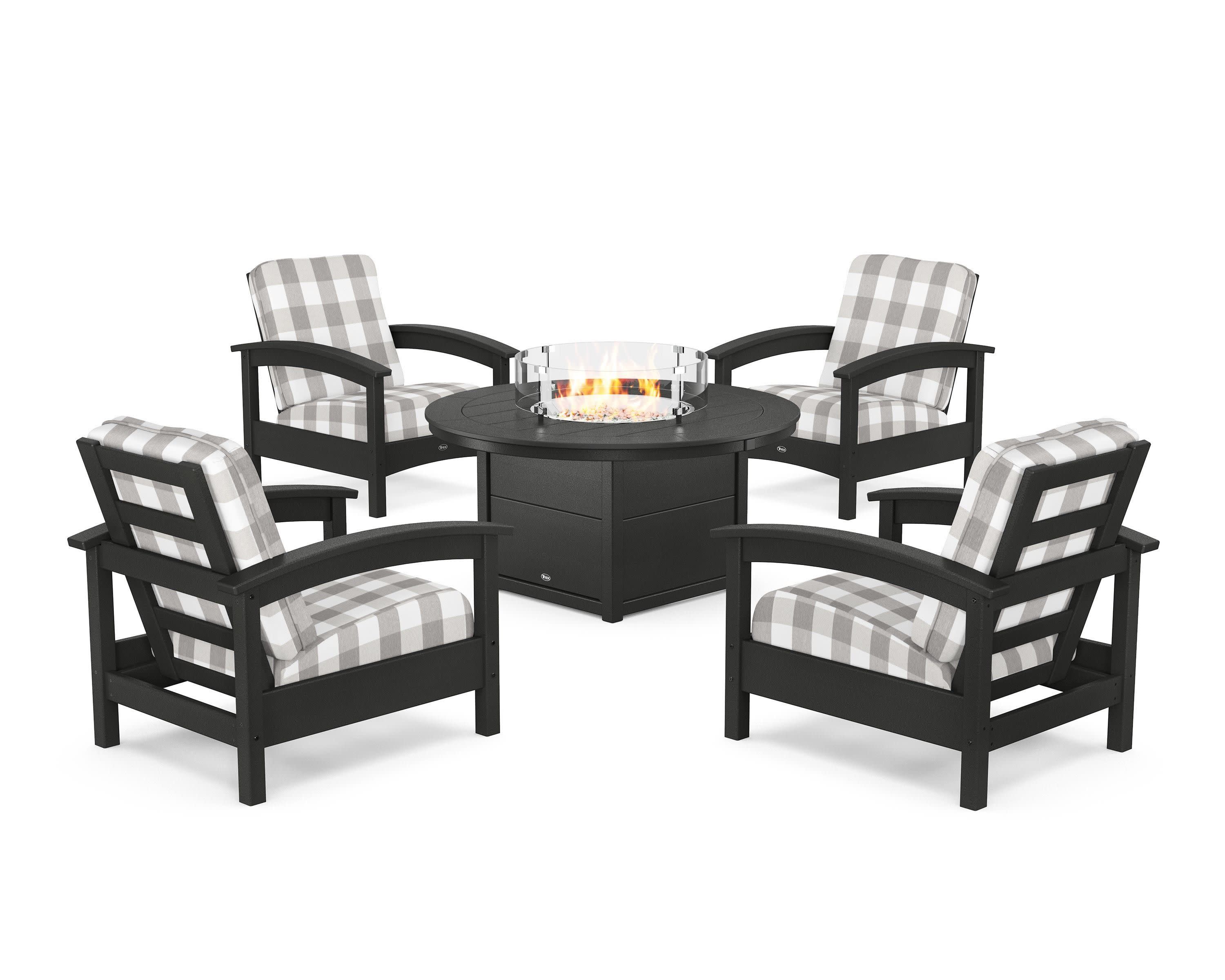 Rockport 5-Piece Deep Seating Set with Round Fire Pit Table in Charcoal Black / Buffalo Plaid Grey Mist