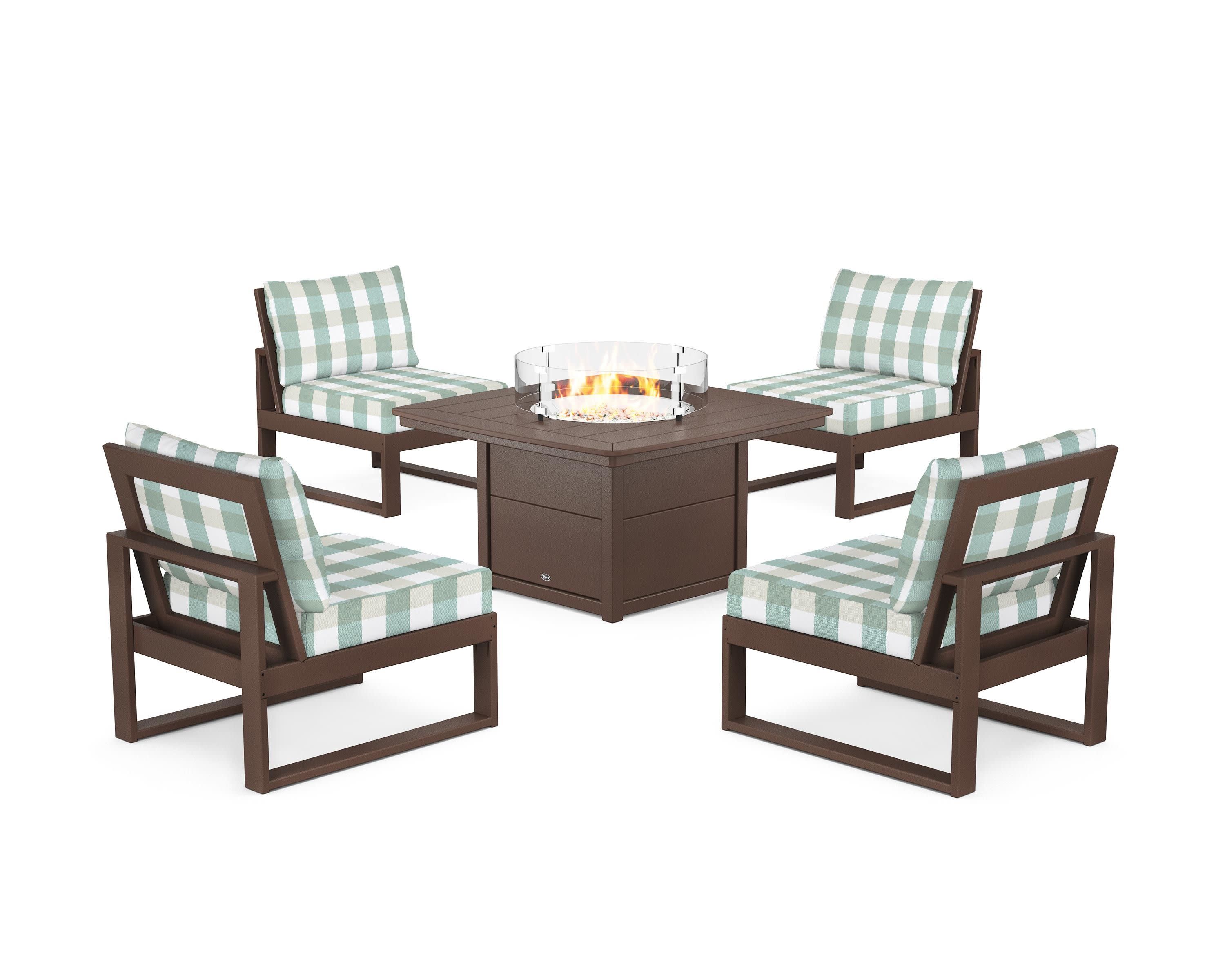 Eastport Modular 5-Piece Deep Seating Set with Yacht Club Fire Pit Table in Vintage Lantern / Buffalo Plaid Glacier Spa