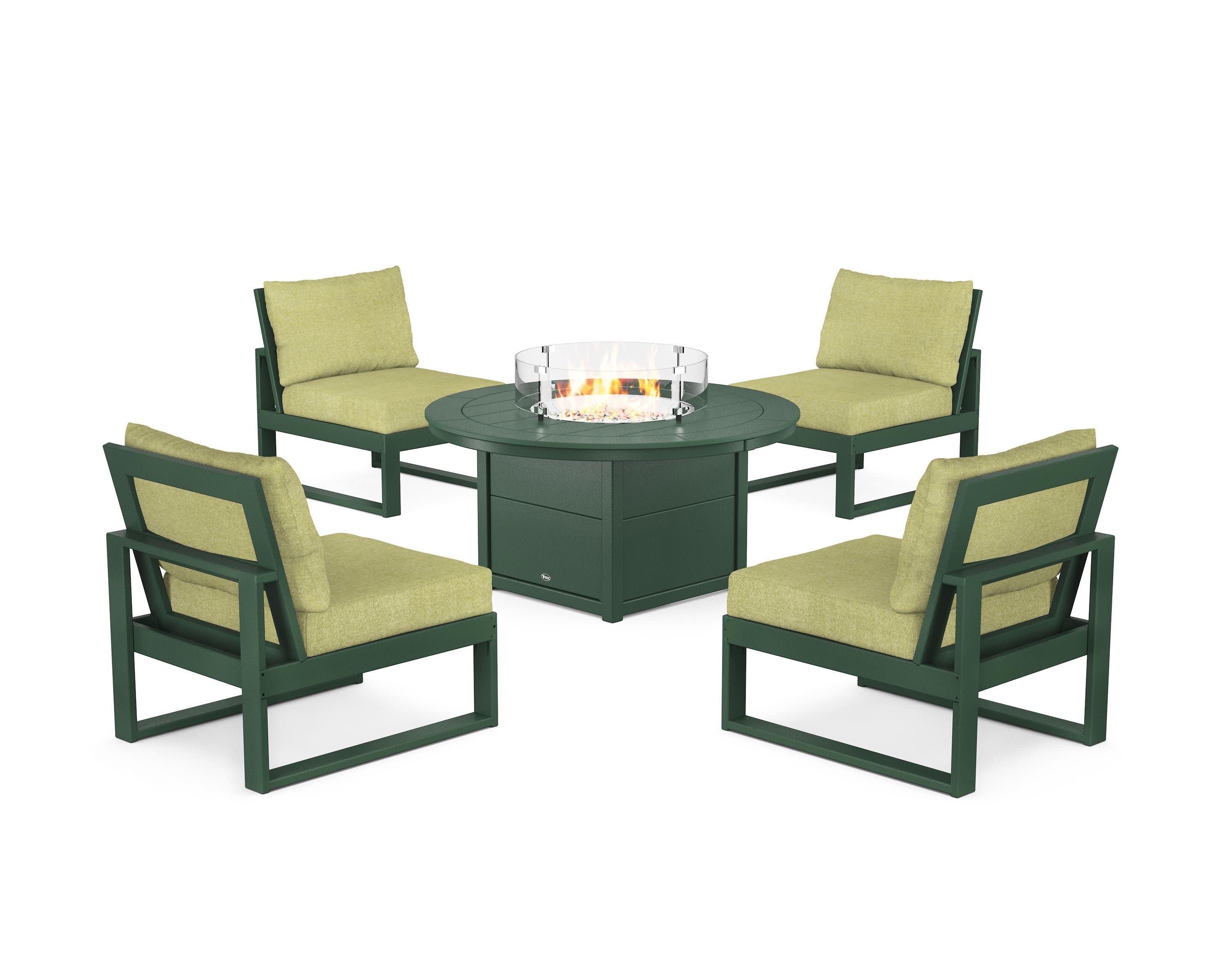 Eastport Modular 5-Piece Deep Seating Set with Round Fire Pit Table in Rainforest Canopy / Chartreuse Boucle