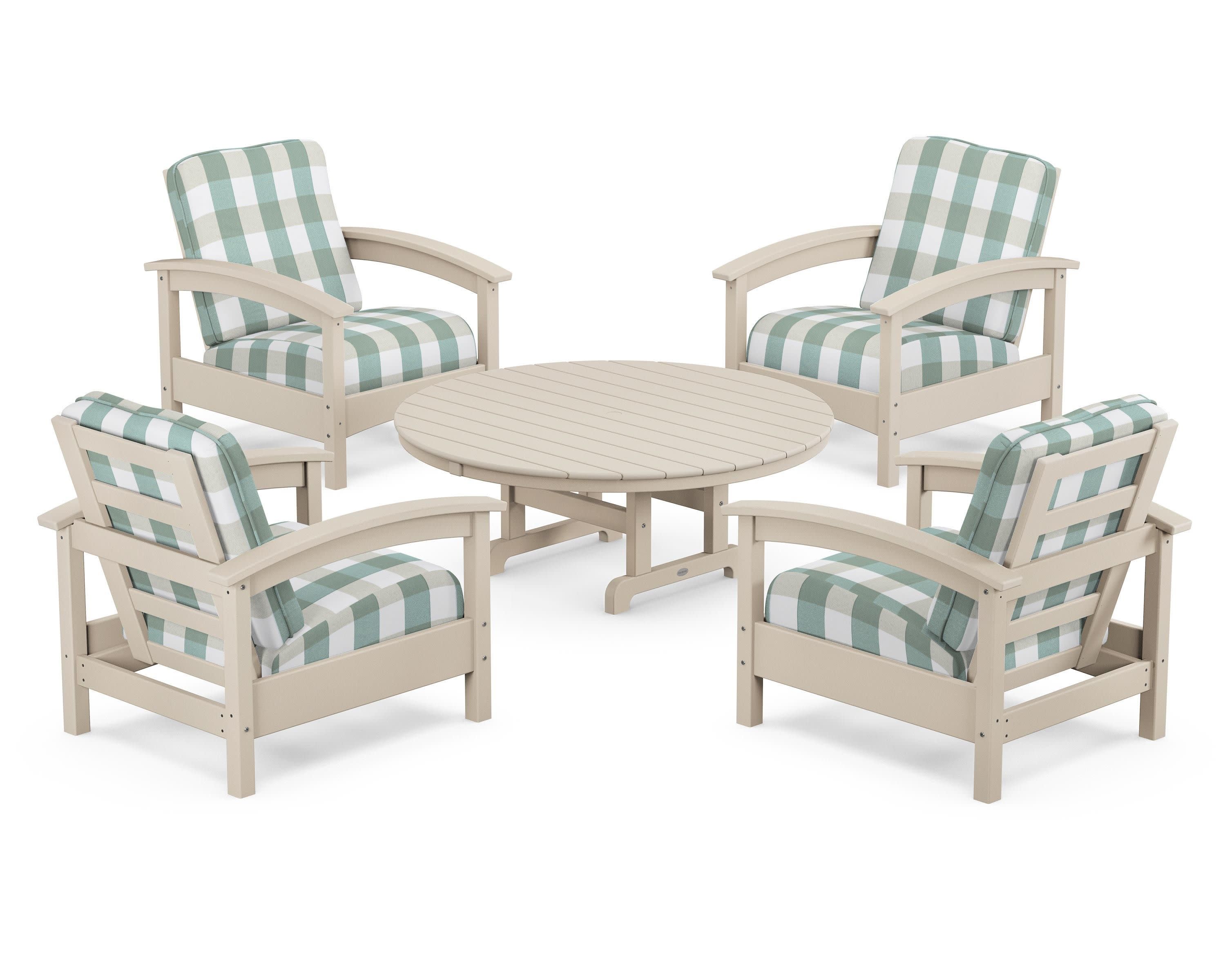 Rockport 5-Piece Deep Seating Set in Sand Castle / Buffalo Plaid Glacier Spa