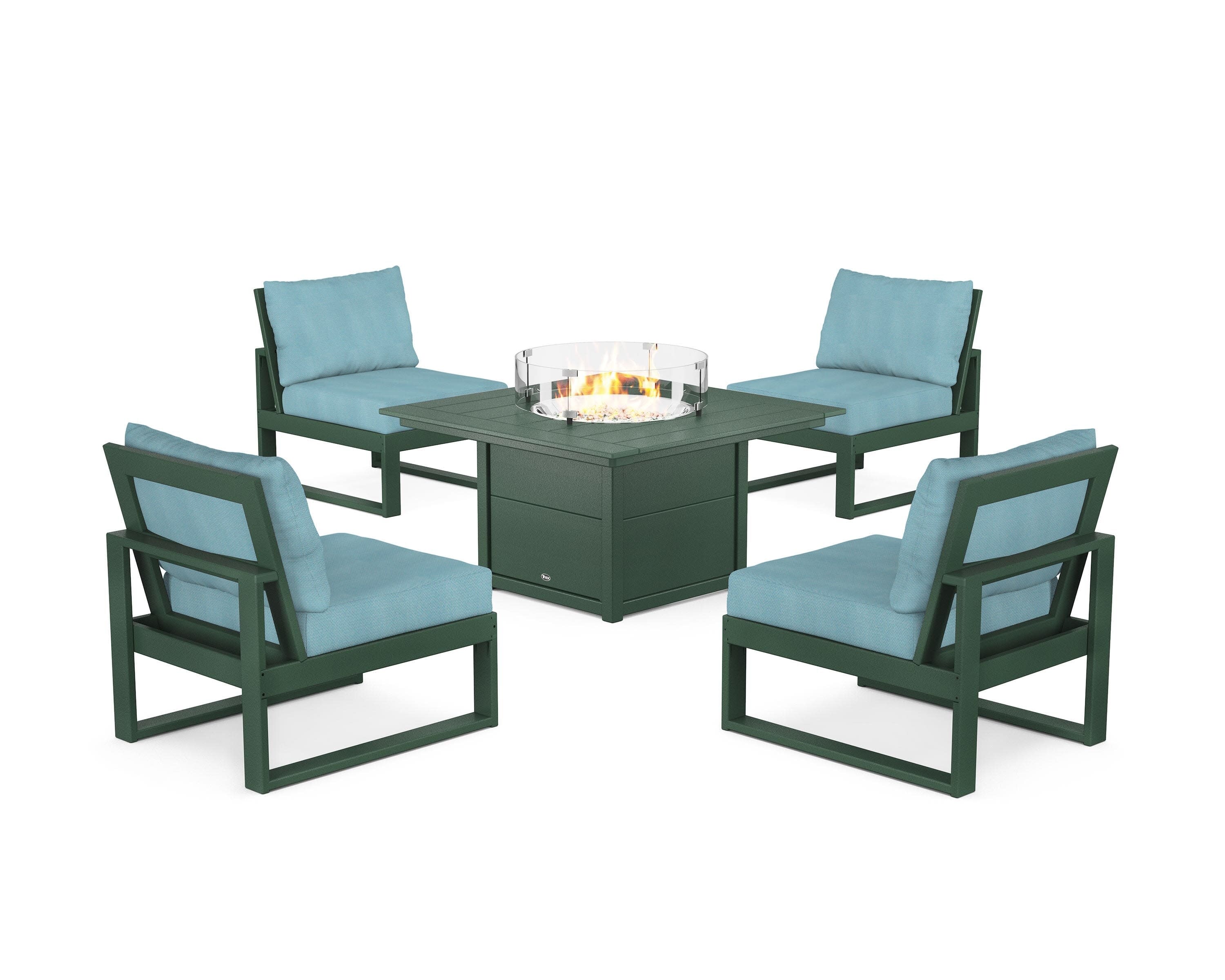 Eastport Modular 5-Piece Deep Seating Set with Square Fire Pit Table in Rainforest Canopy / Lattice Sky Blue