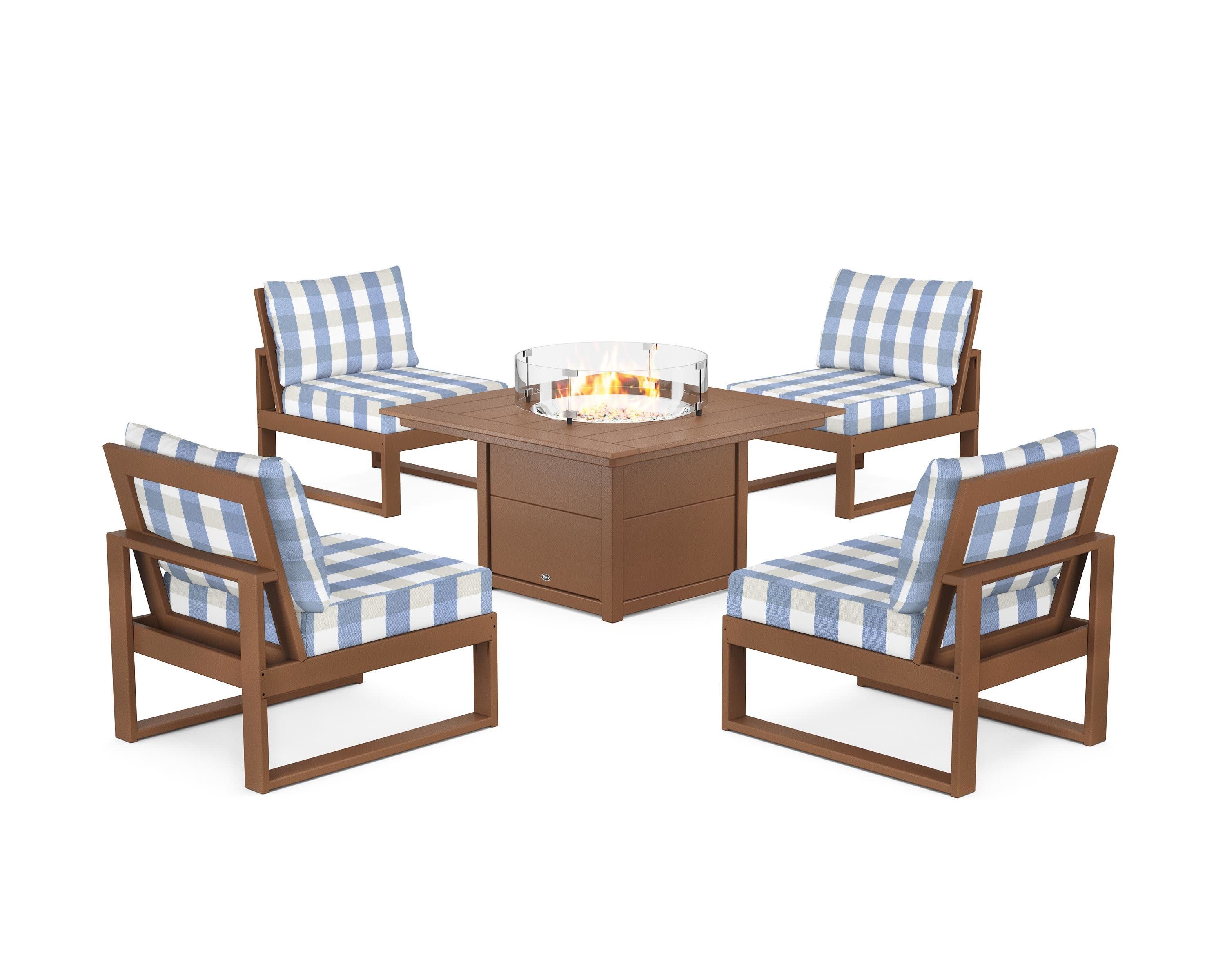 Eastport Modular 5-Piece Deep Seating Set with Square Fire Pit Table in Tree House / Buffalo Plaid Sky Blue