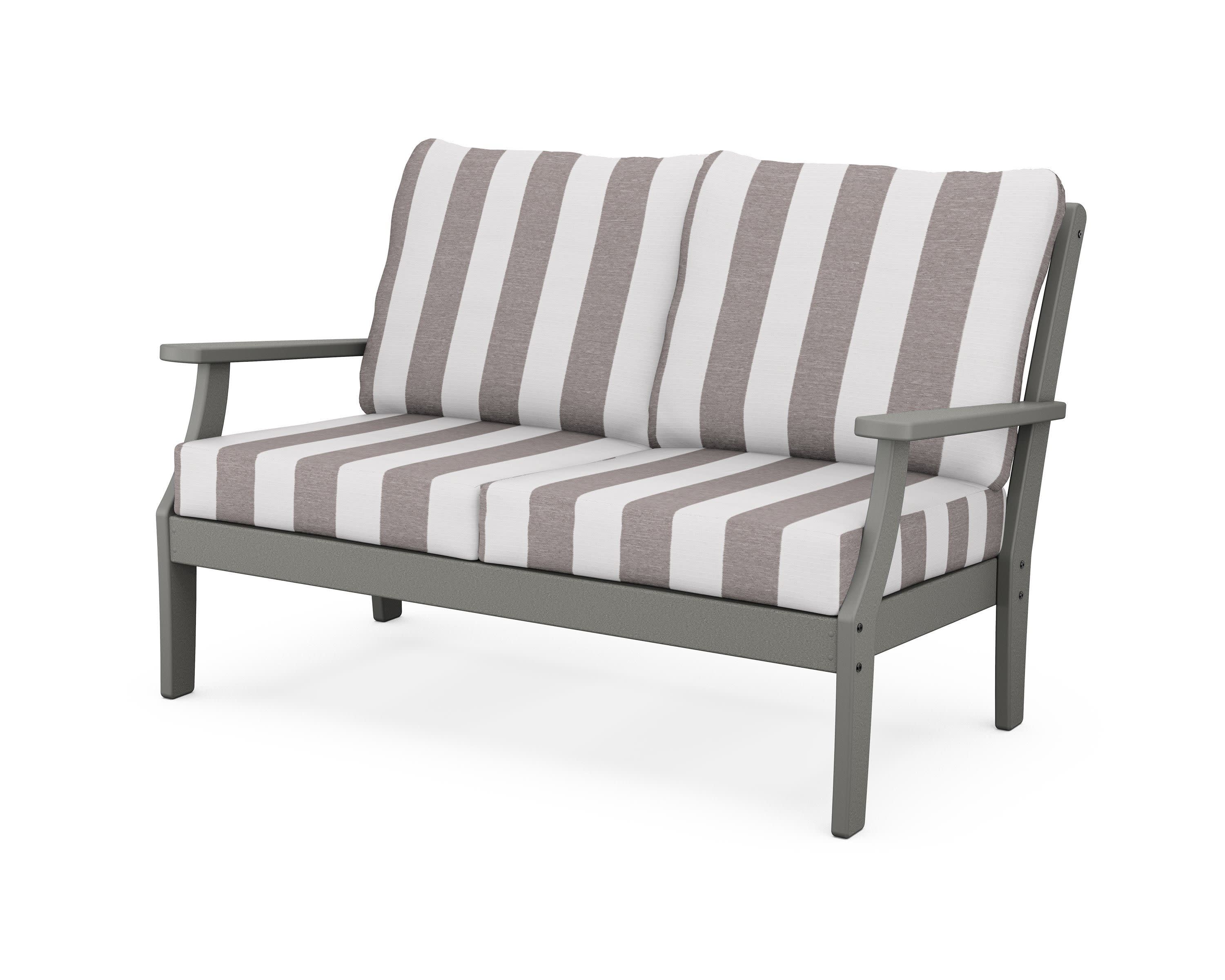 Yacht Club Deep Seating Loveseat in Stepping Stone / Cabana Stripe Grey Mist