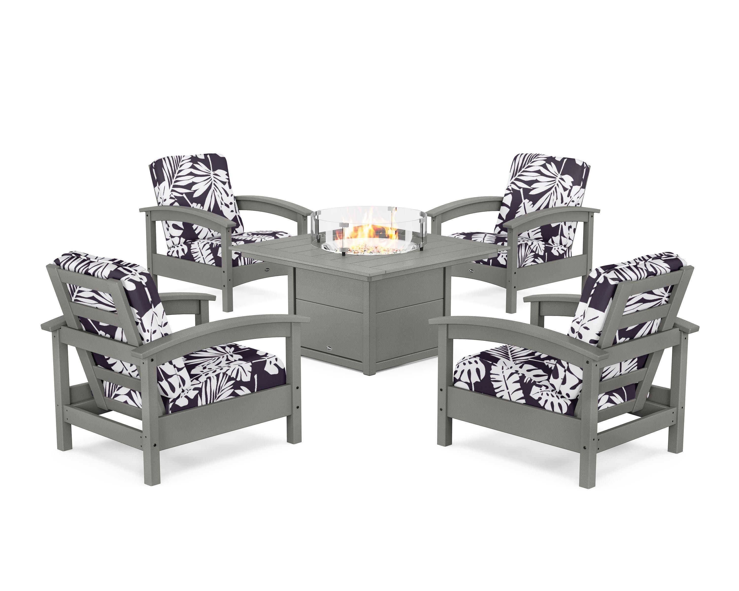 Rockport 5-Piece Deep Seating Set with Square Fire Pit Table in Stepping Stone / Leaf Navy
