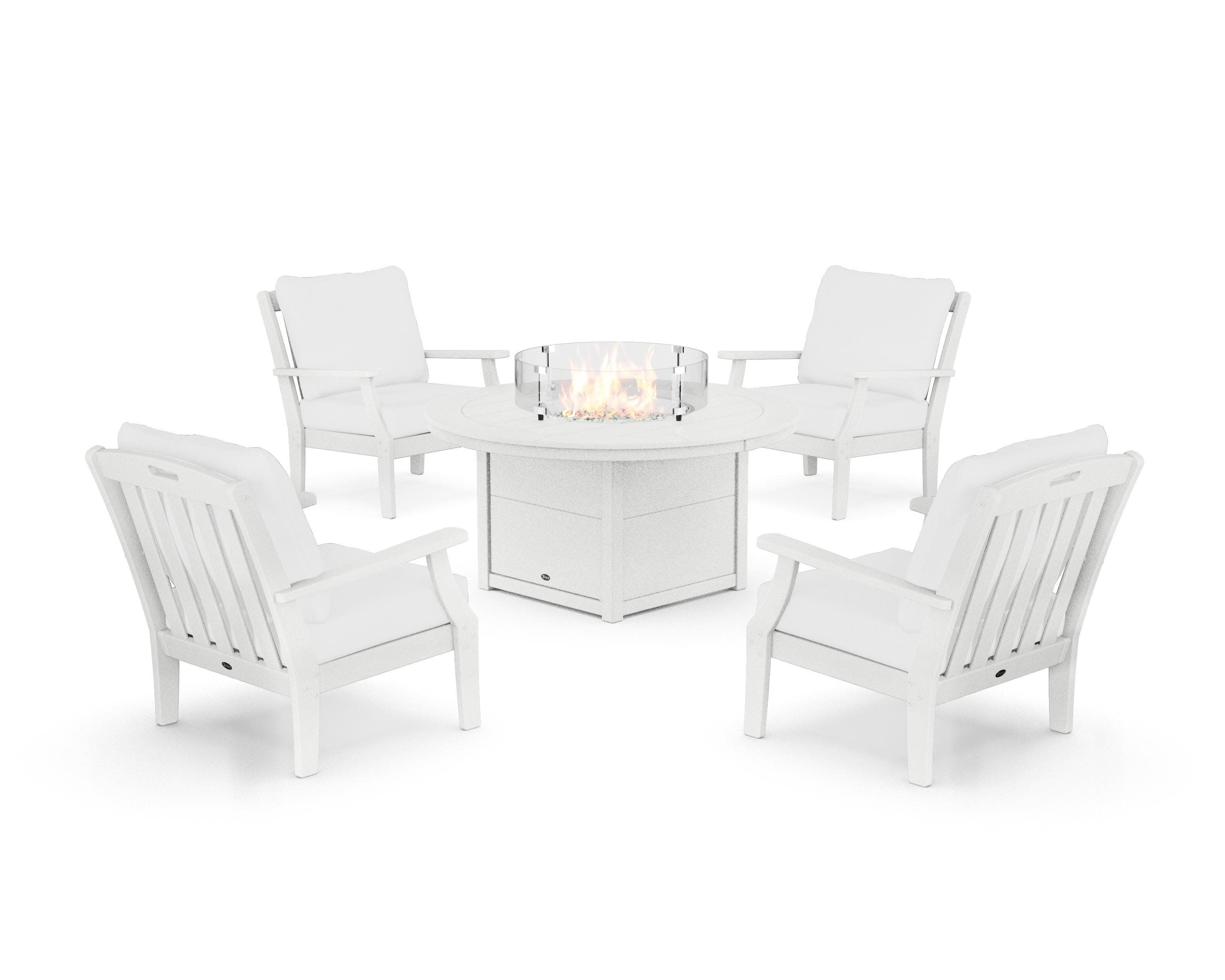 Yacht Club 5-Piece Deep Seating Set with Round Fire Pit Table in Classic White / Natural