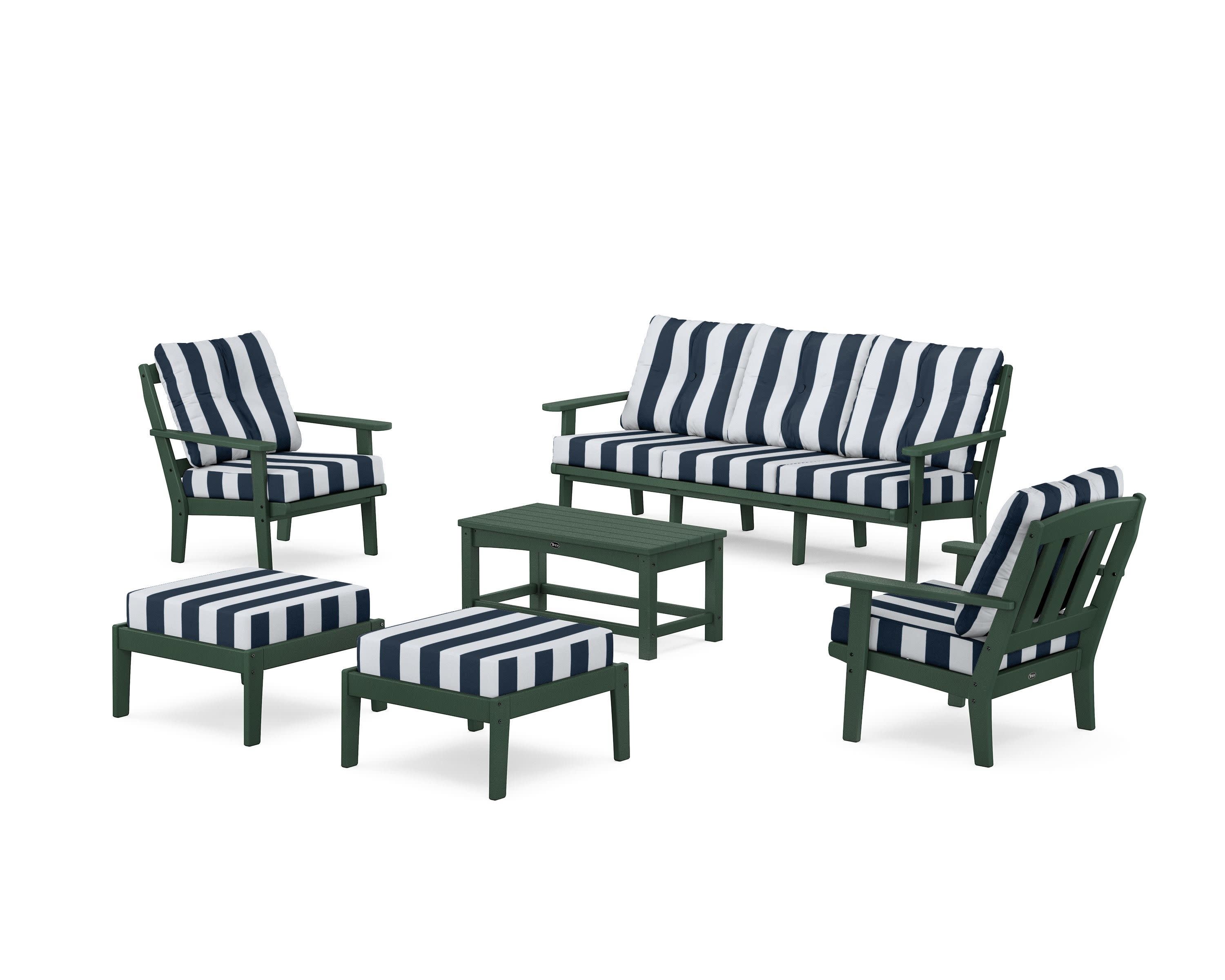 Cape Cod 6-Piece Lounge Sofa Set in Rainforest Canopy / Cabana Stripe Marine Indigo