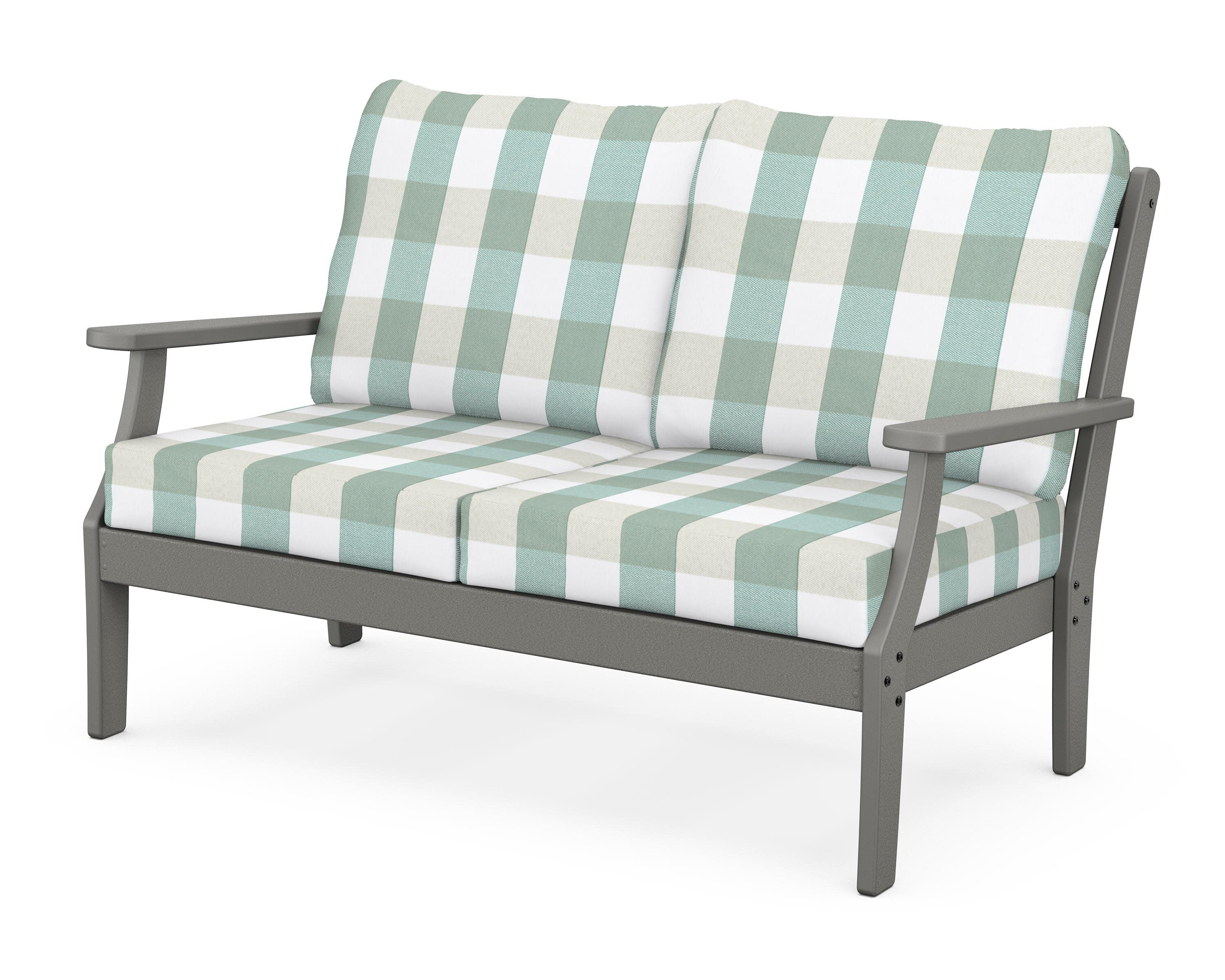 Yacht Club Deep Seating Loveseat in Stepping Stone / Buffalo Plaid Glacier Spa