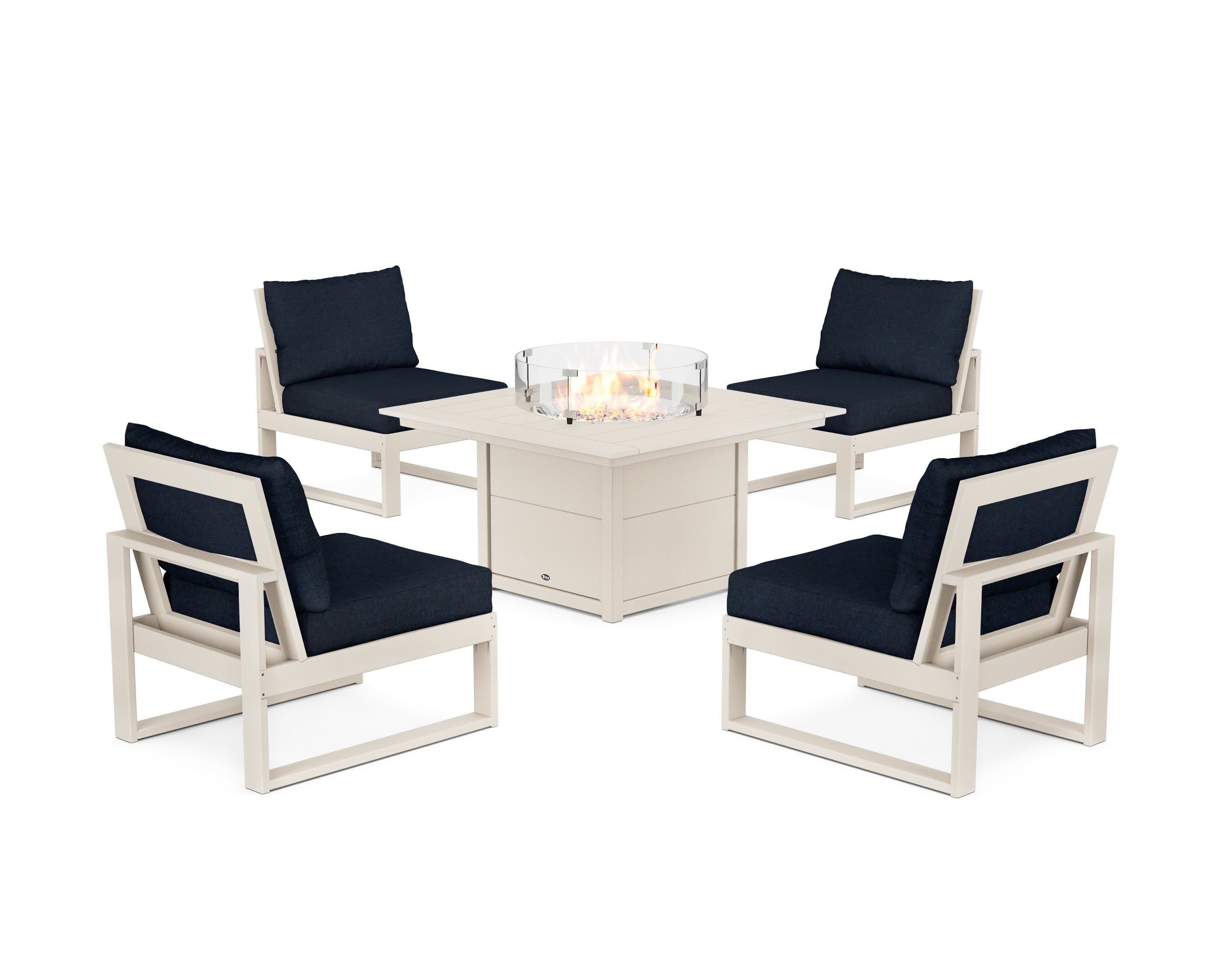 Eastport Modular 5-Piece Deep Seating Set with Square Fire Pit Table in Sand Castle / Marine Indigo