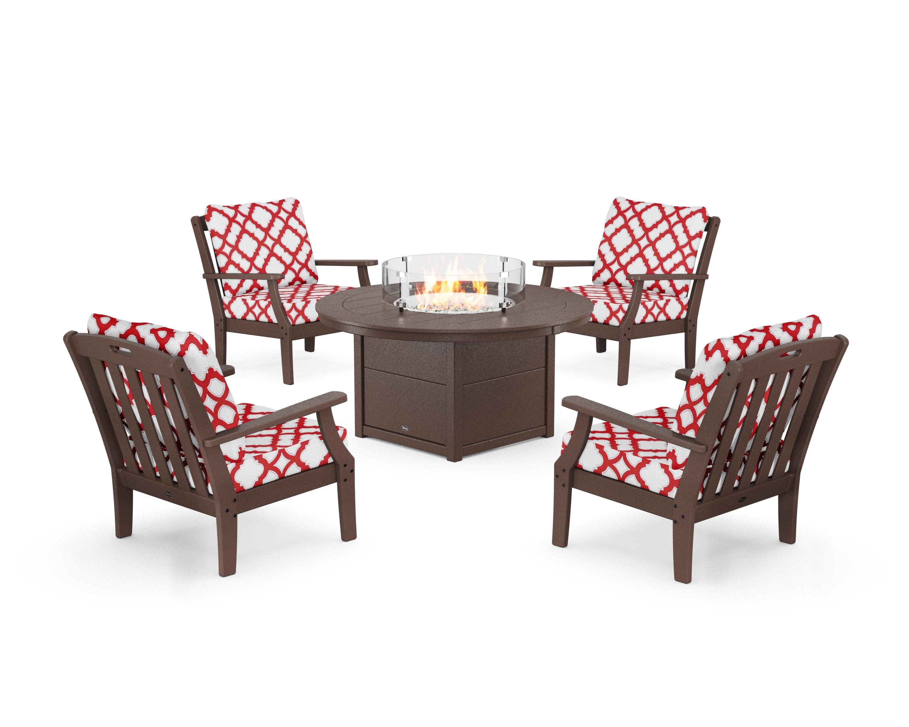 Yacht Club 5-Piece Deep Seating Set with Round Fire Pit Table in Vintage Lantern / Trellis Crimson