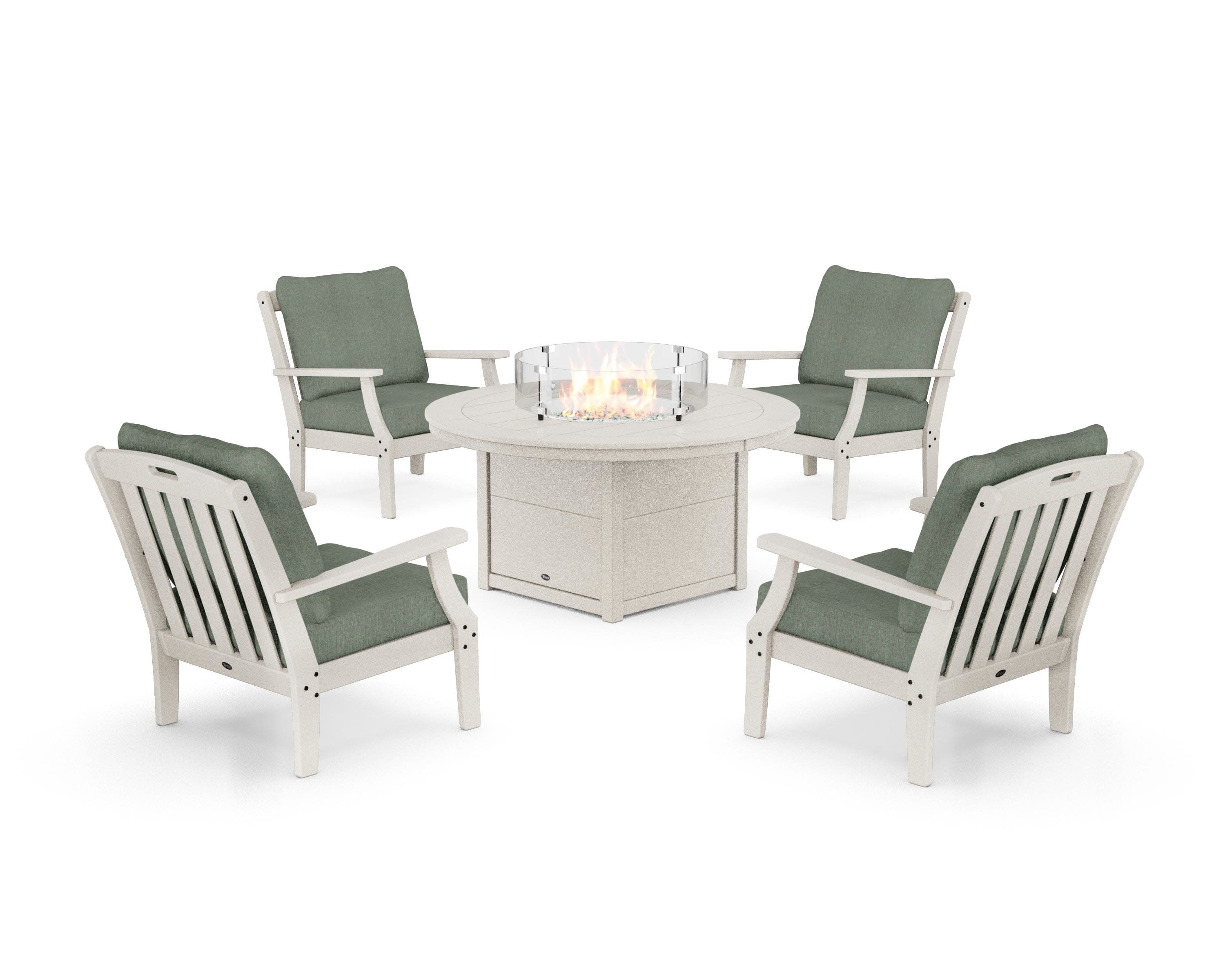 Yacht Club 5-Piece Deep Seating Set with Round Fire Pit Table in Sand Castle / Cast Sage