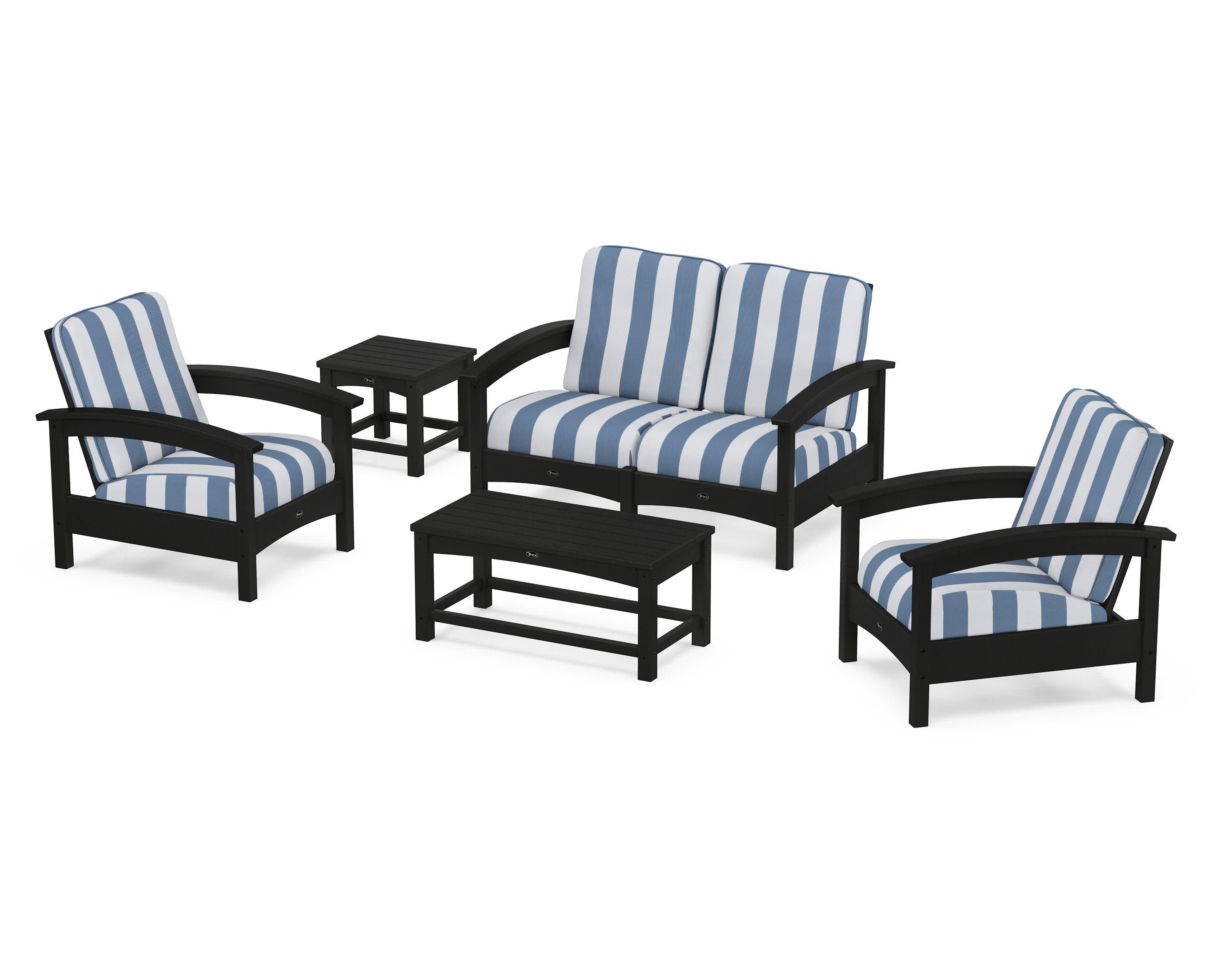 Rockport Club 6-Piece Deep Seating Conversation Set in Charcoal Black / Cabana Stripe Sky Blue