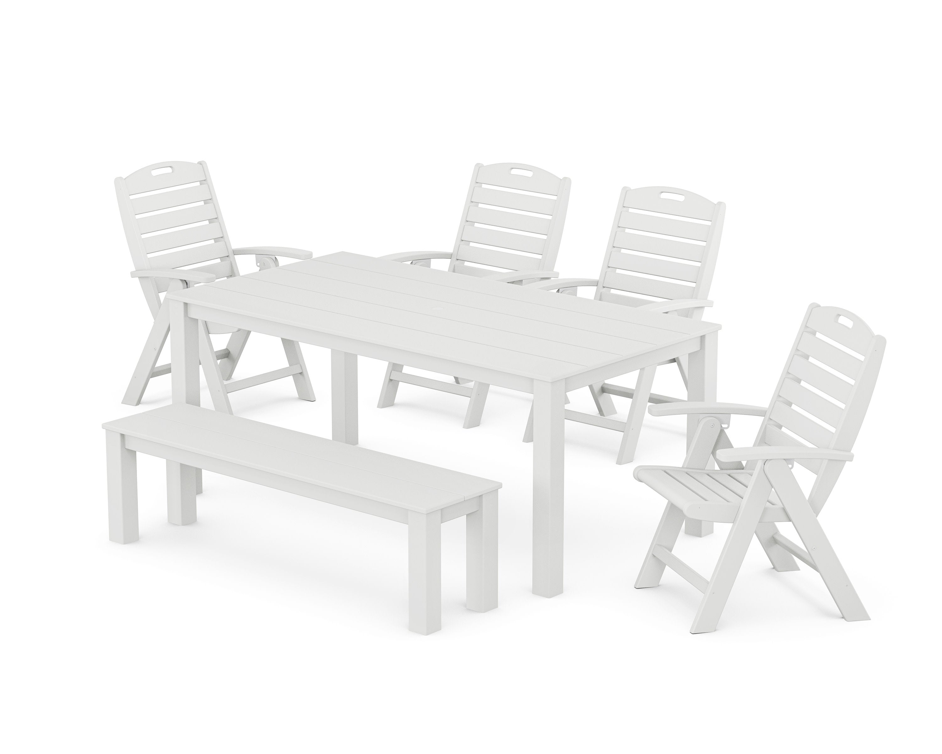 Yacht Club Highback Chair 6-Piece Parsons Dining Set with Bench in Classic White