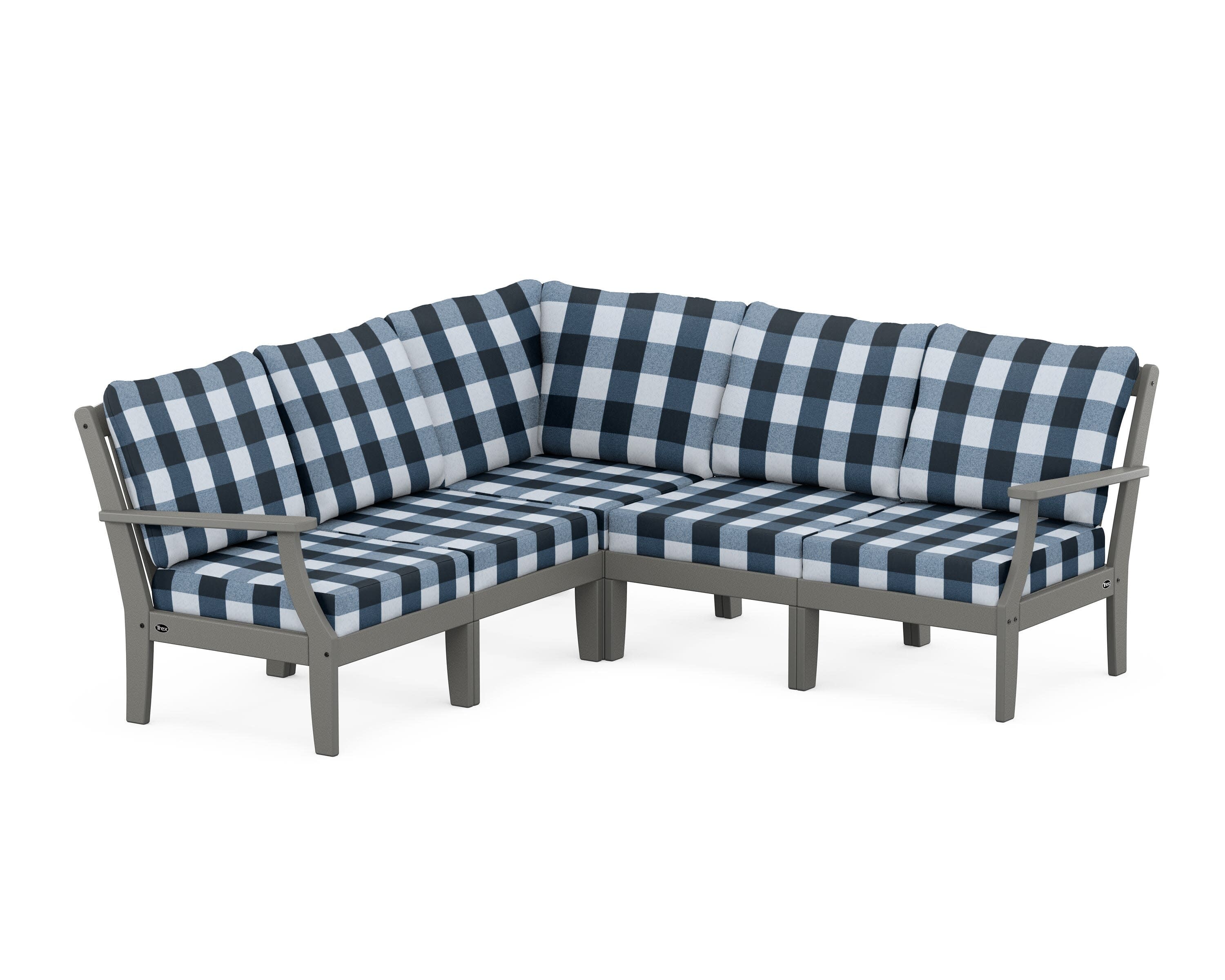 Yacht Club Modular 5-Piece Deep Seating Set in Stepping Stone / Buffalo Plaid Marine Indigo