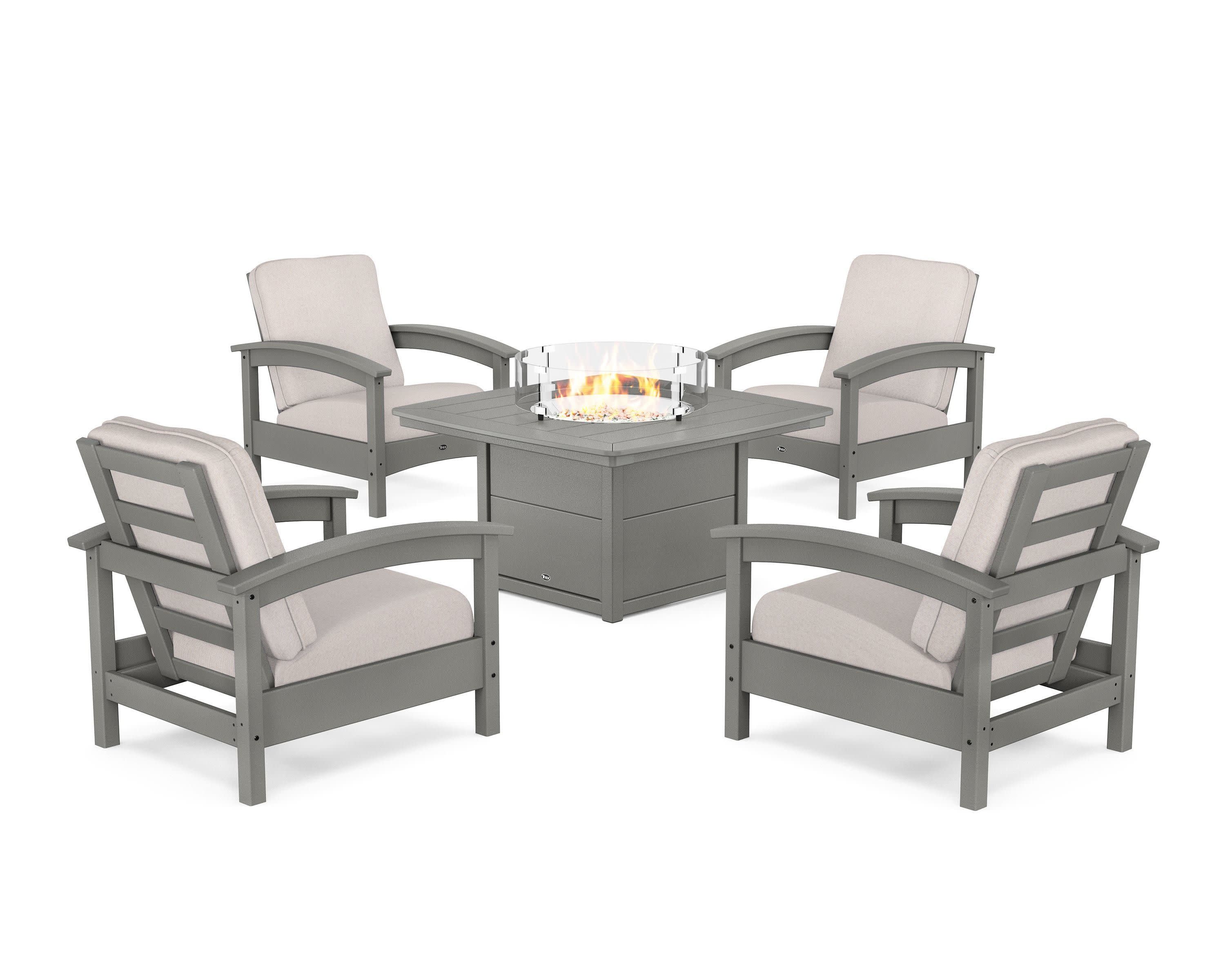 Rockport 5-Piece Deep Seating Set with Yacht Club Fire Pit Table in Stepping Stone / Dune Burlap