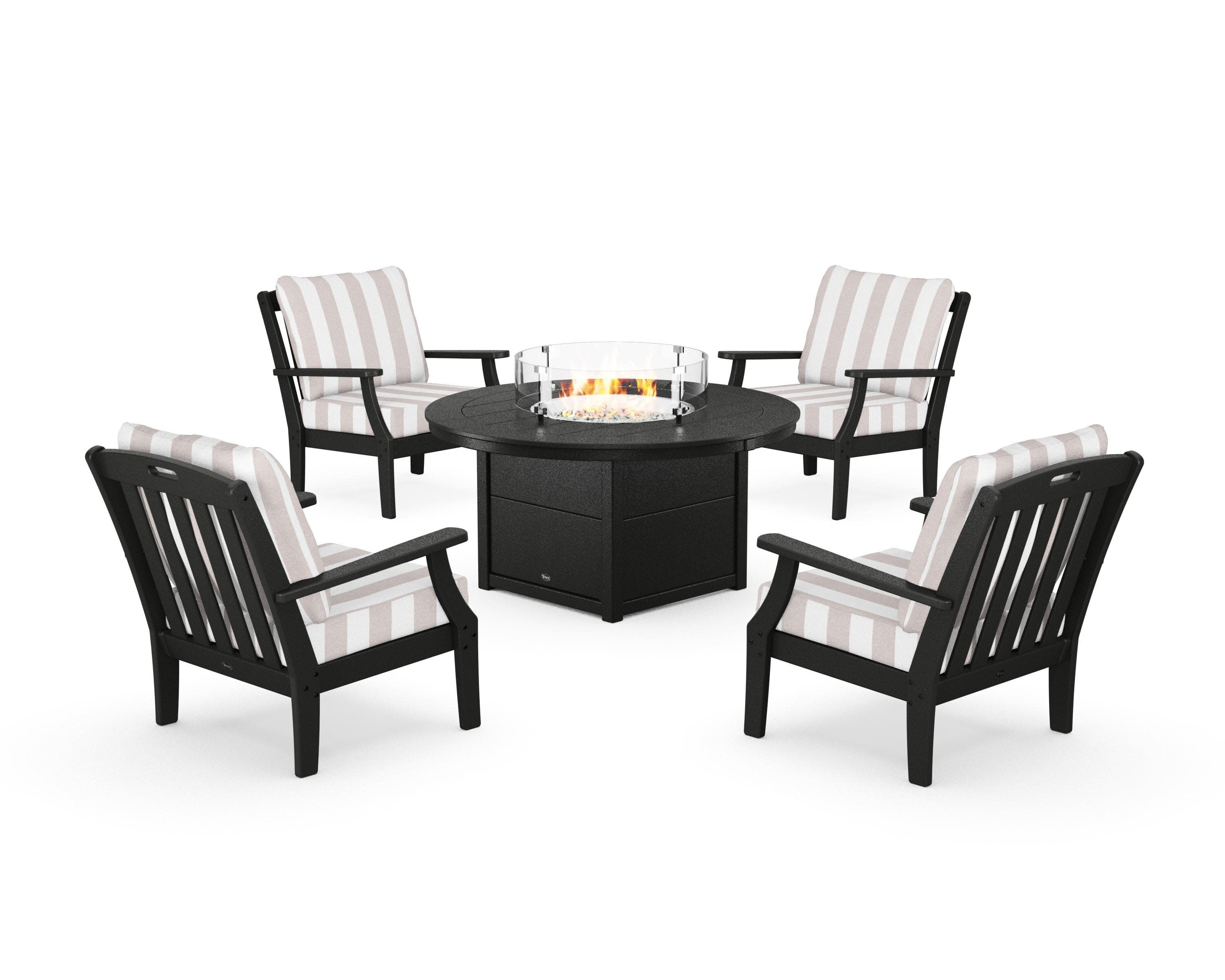 Yacht Club 5-Piece Deep Seating Set with Round Fire Pit Table in Charcoal Black / Cabana Stripe Dune Burlap