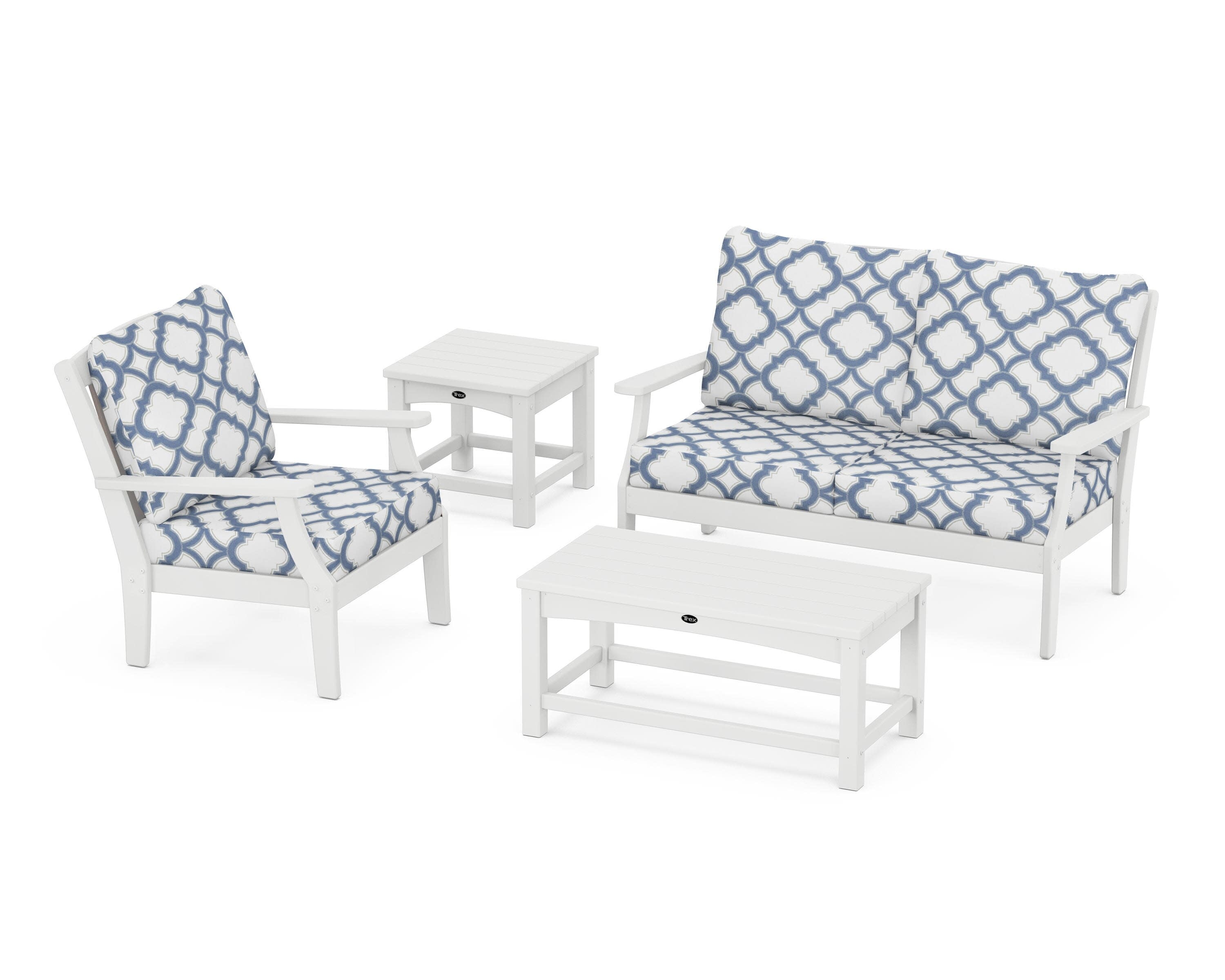 Yacht Club 4-Piece Deep Seating Set in Classic White / Trellis Sky Blue