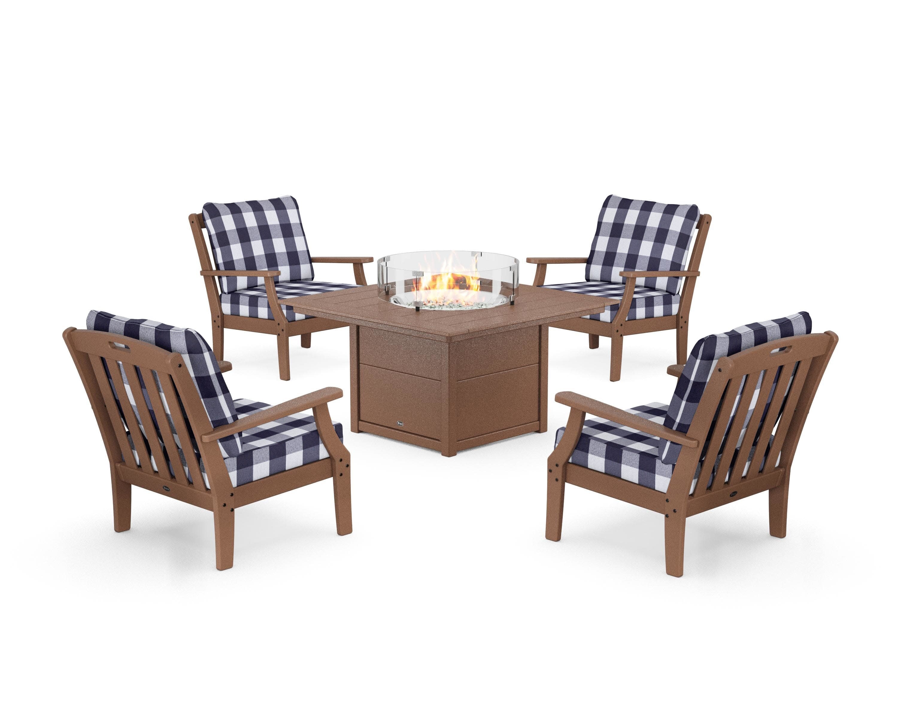 Yacht Club 5-Piece Deep Seating Set with Square Fire Pit Table in Tree House / Buffalo Plaid Navy