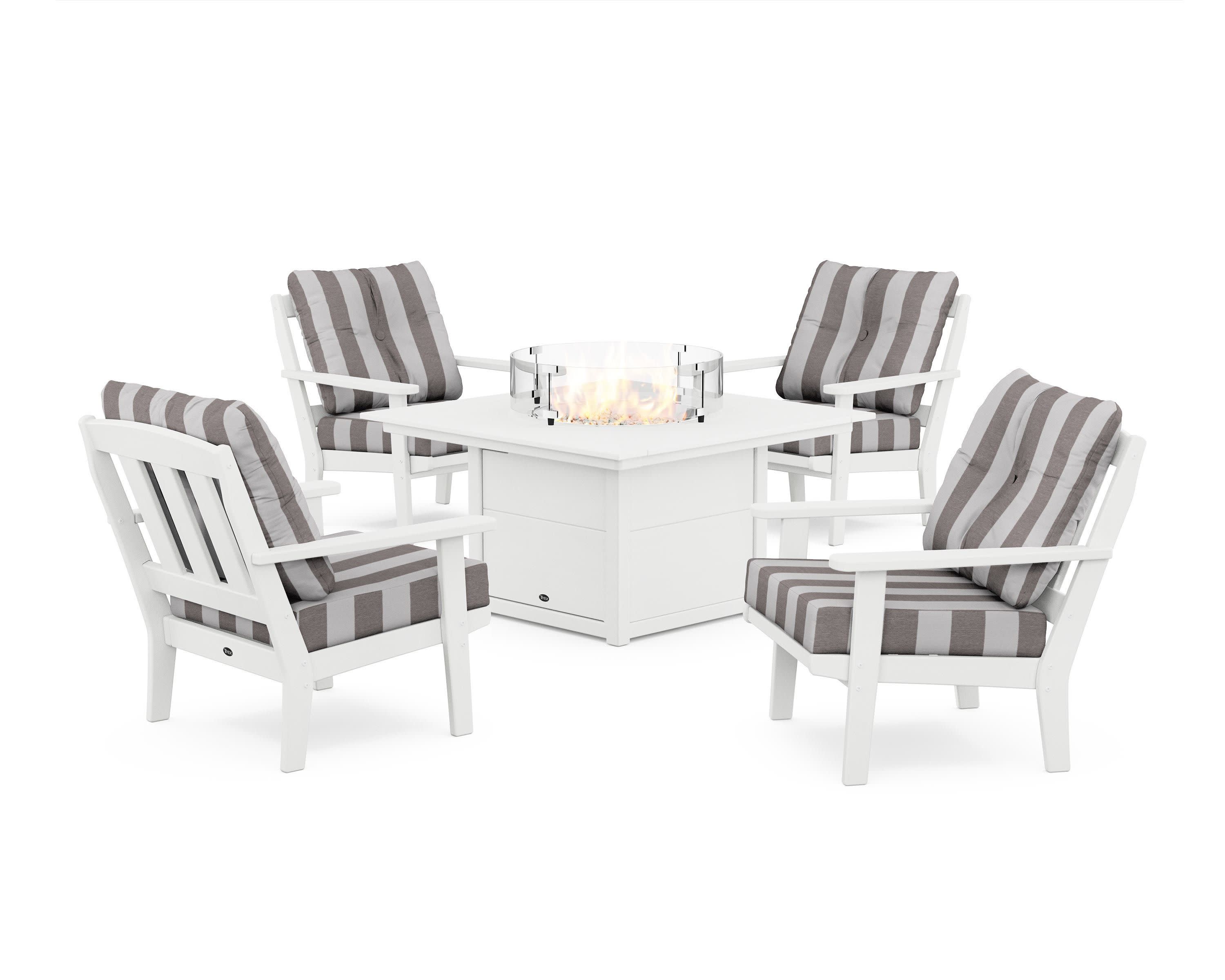 Cape Cod 5-Piece Deep Seating Set with Fire Pit Table in Classic White / Cabana Stripe Grey Mist