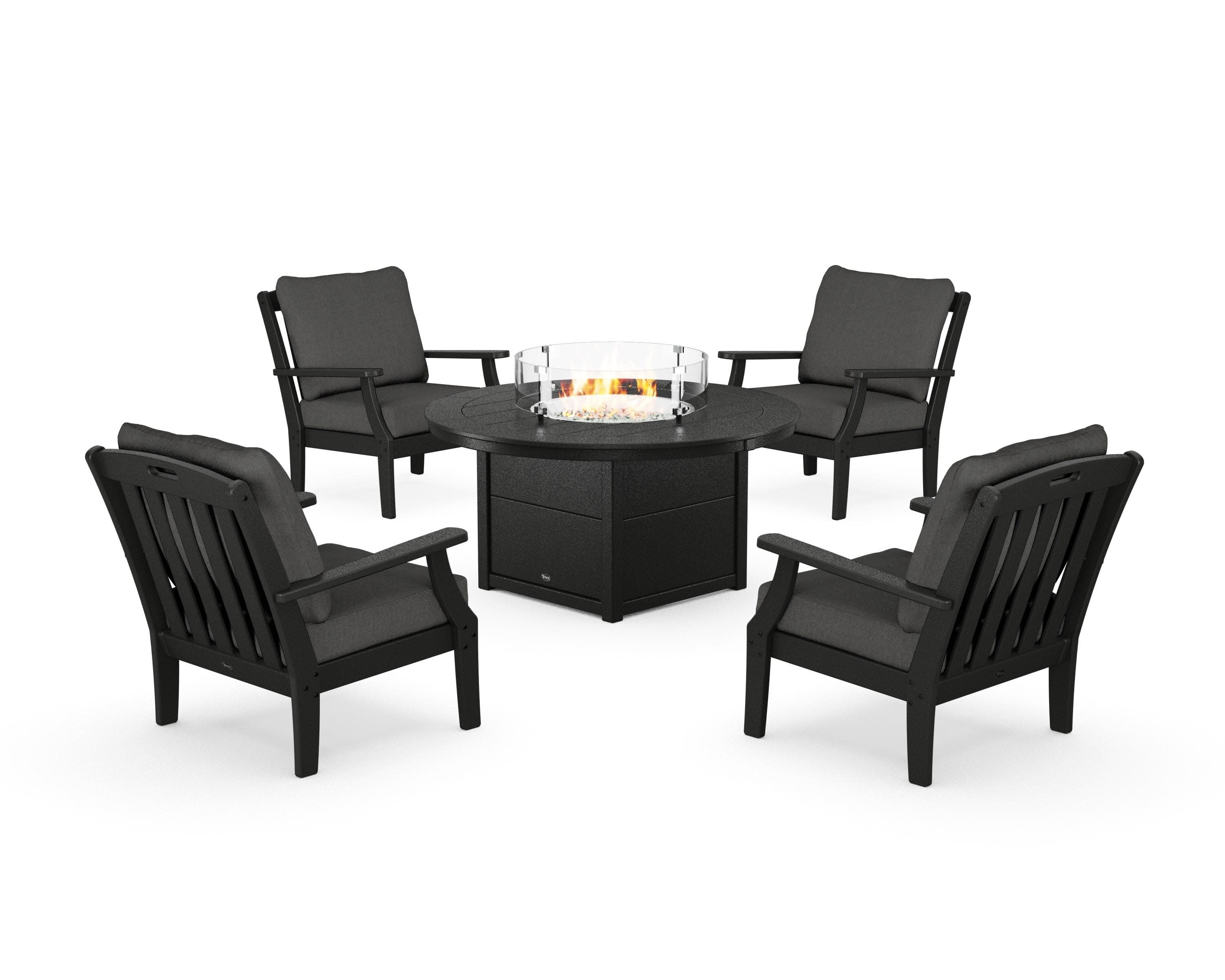 Yacht Club 5-Piece Deep Seating Set with Round Fire Pit Table in Charcoal Black / Spectrum Carbon