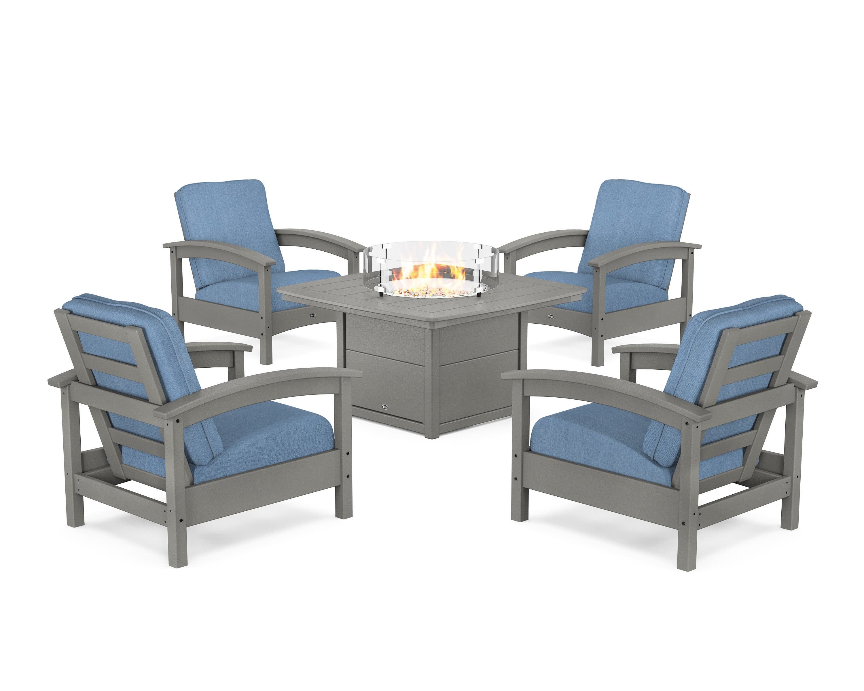 Rockport 5-Piece Deep Seating Set with Yacht Club Fire Pit Table in Stepping Stone / Sky Blue